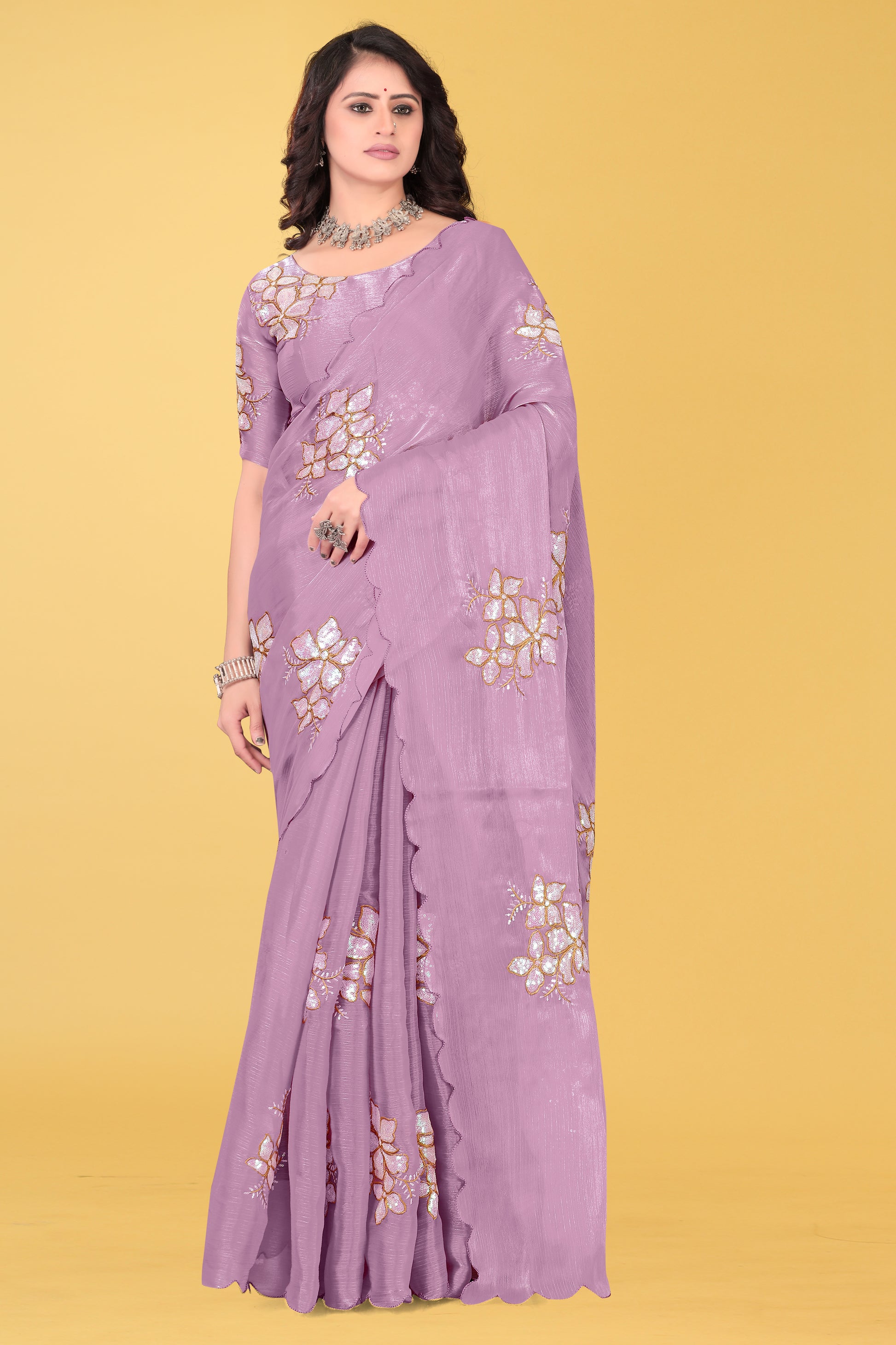 Elegant Flower Embroidered Saree with Unstitched Blouse – Avirat Designer Studio