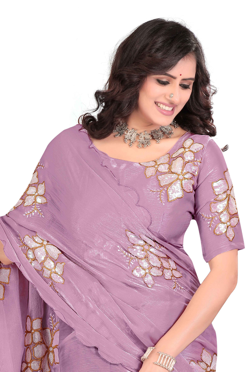 Georgette Saree with Floral Embroidery and Scalloped Border - Light Purple