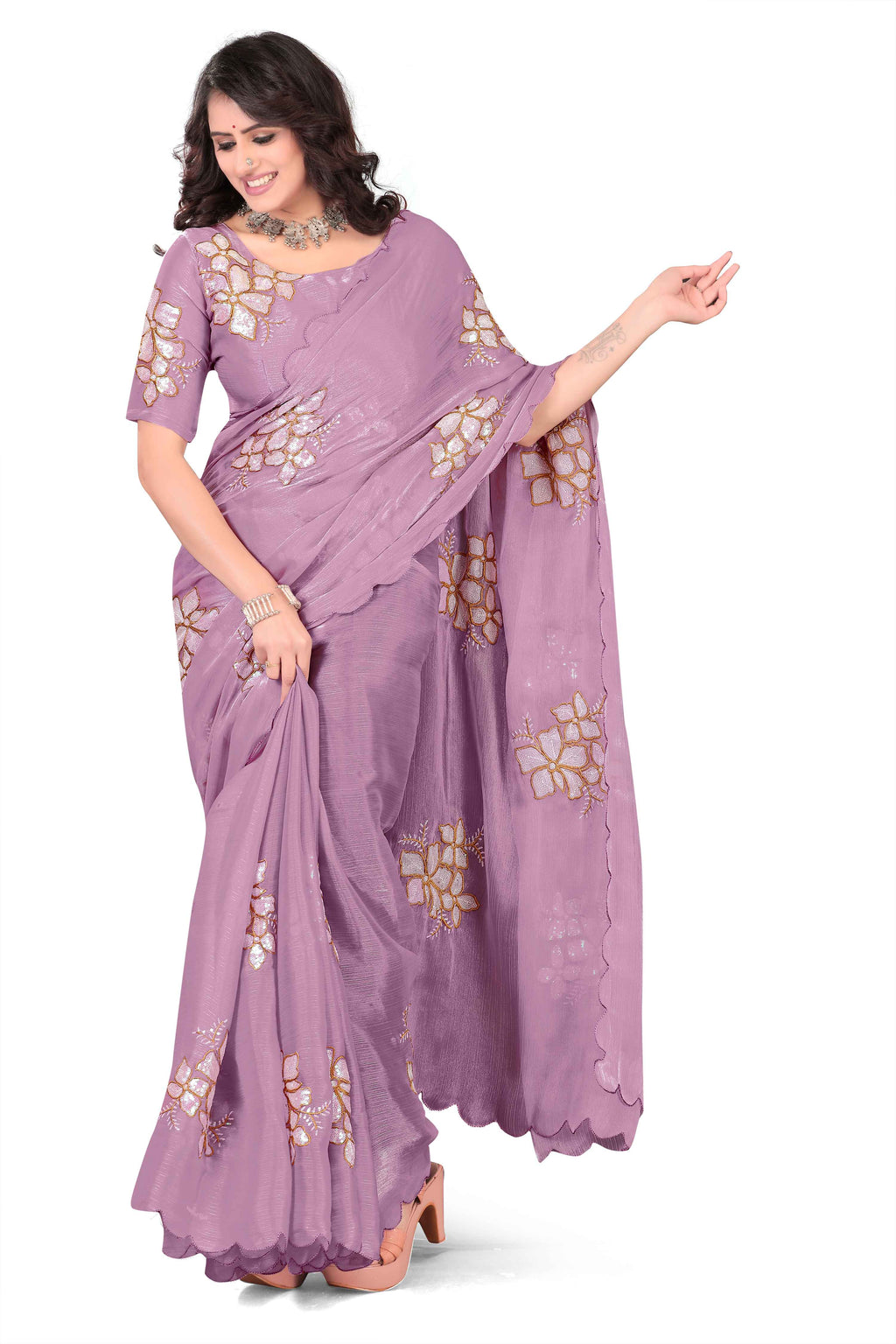 Georgette Saree with Floral Embroidery and Scalloped Border - Light Purple