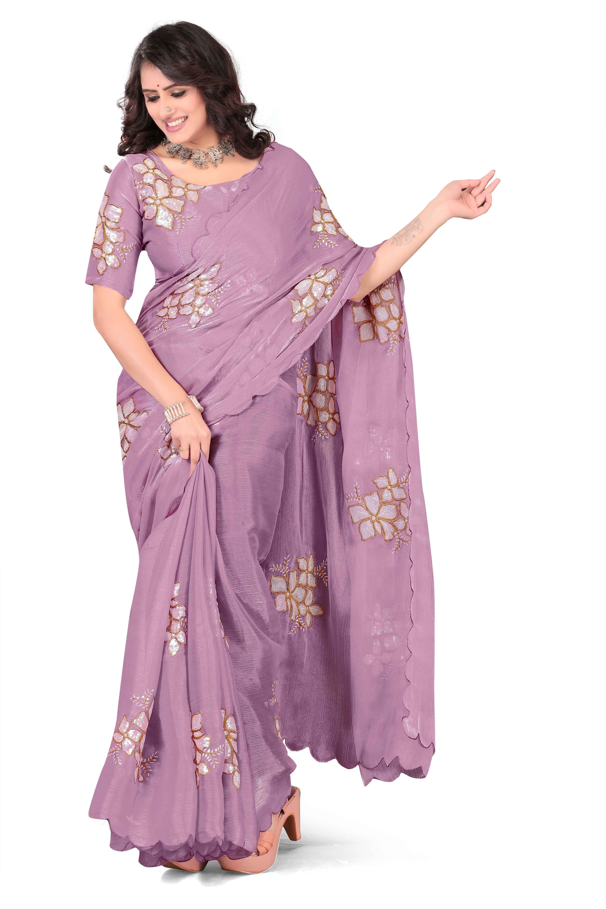 Georgette Saree with Floral Embroidery and Scalloped Border - Light Purple