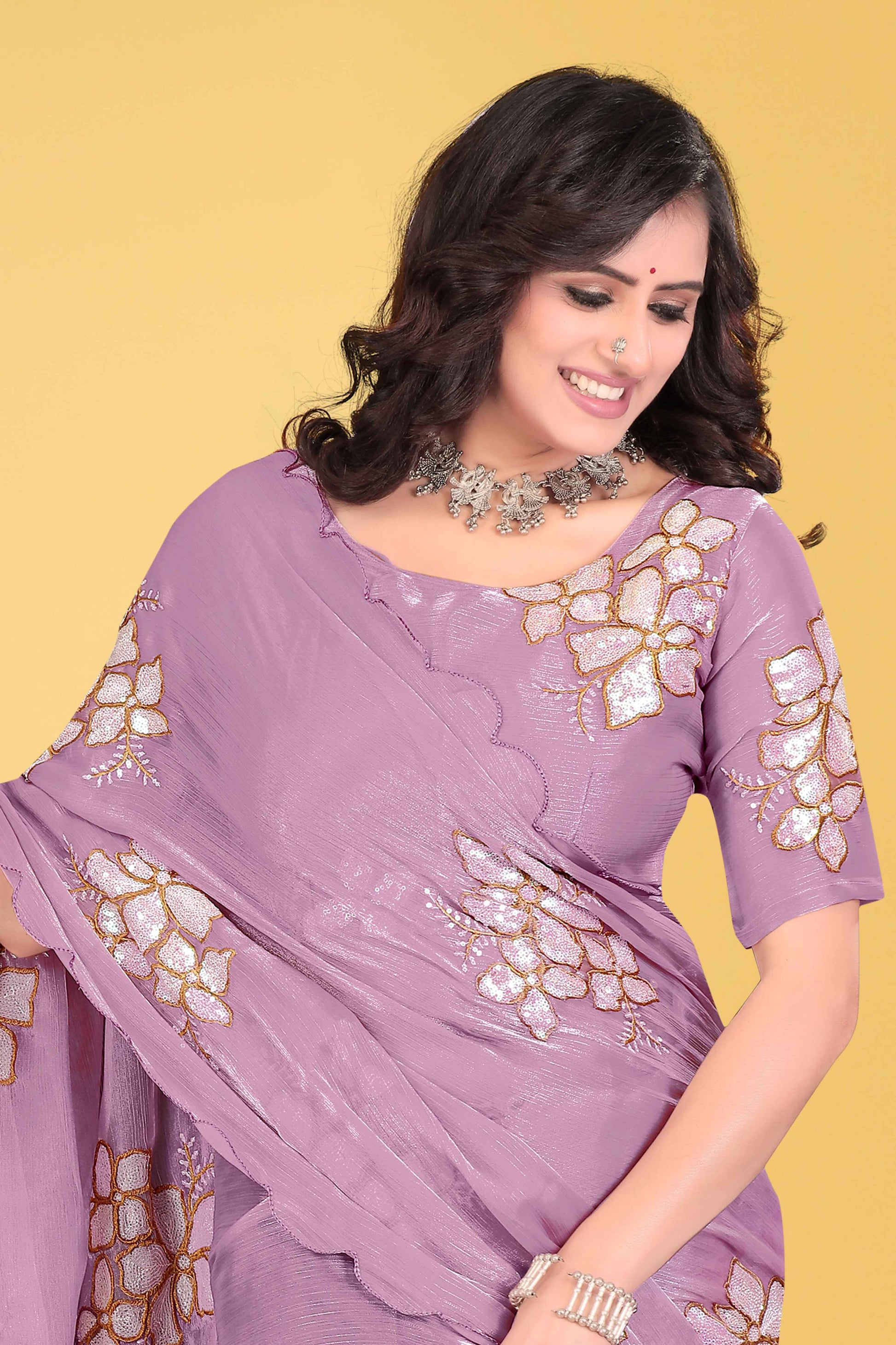 G-Georgette Saree with Floral Embroidery and Scalloped Border