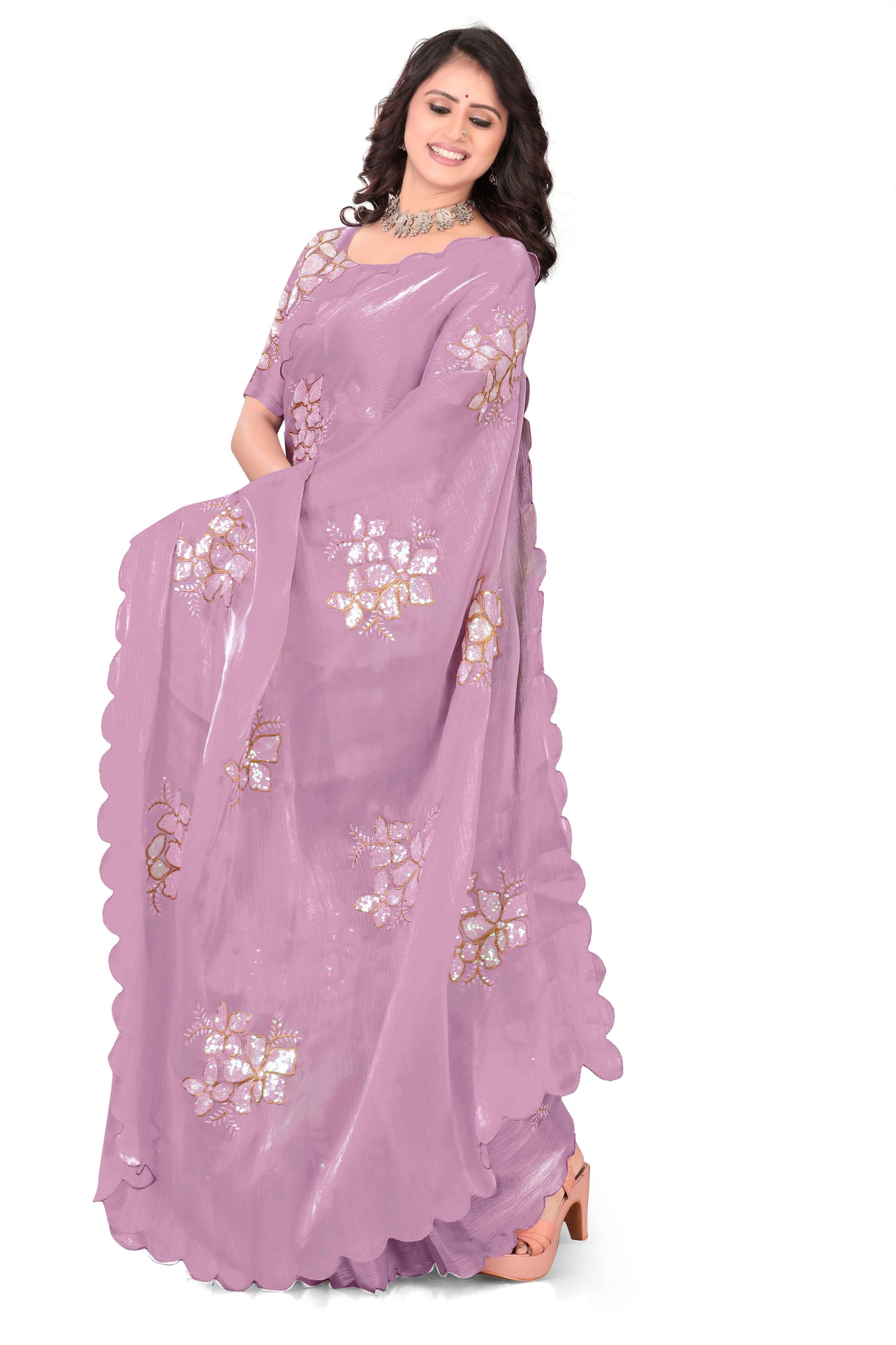 Georgette Saree with Floral Embroidery and Scalloped Border - Light Purple