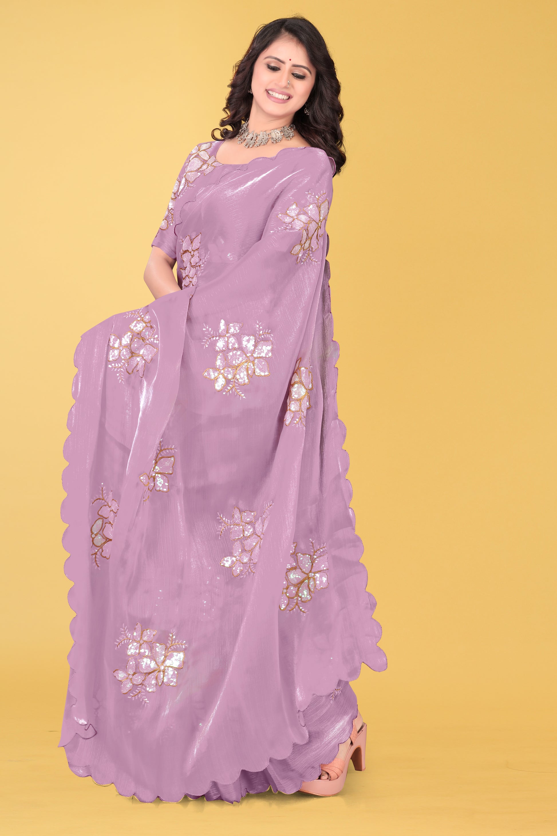 Elegant Flower Embroidered Saree with Unstitched Blouse – Avirat Designer Studio