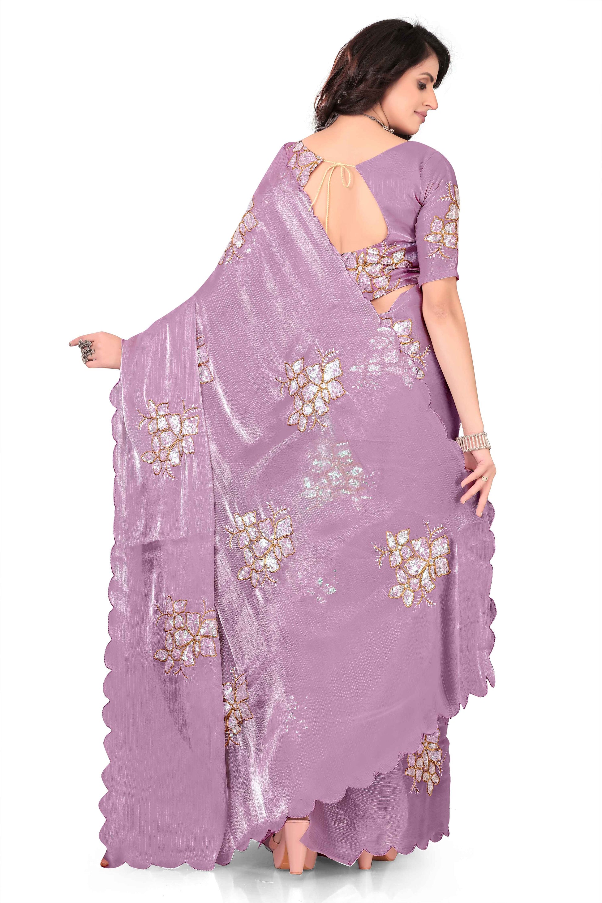 Georgette Saree with Floral Embroidery and Scalloped Border - Light Purple