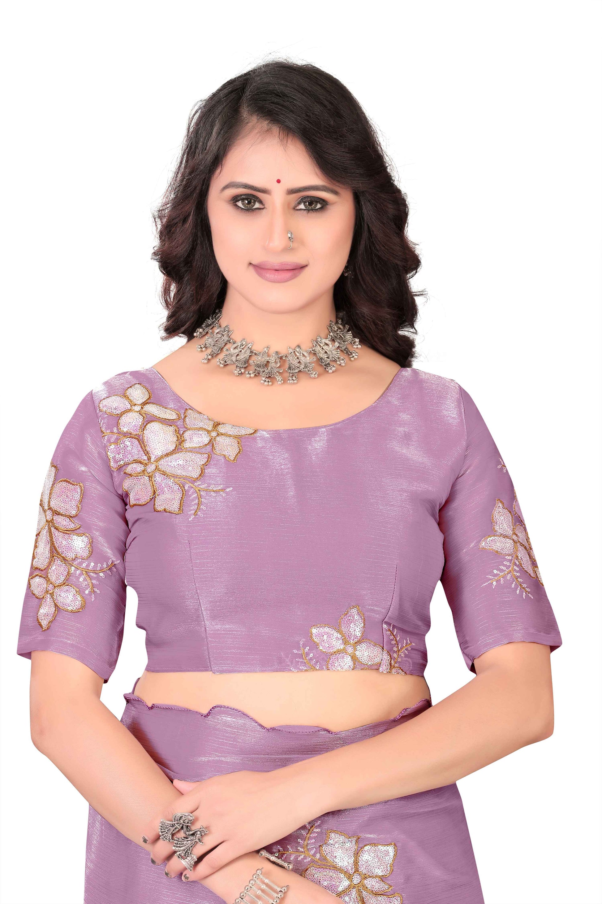 Georgette Saree with Floral Embroidery and Scalloped Border - Light Purple