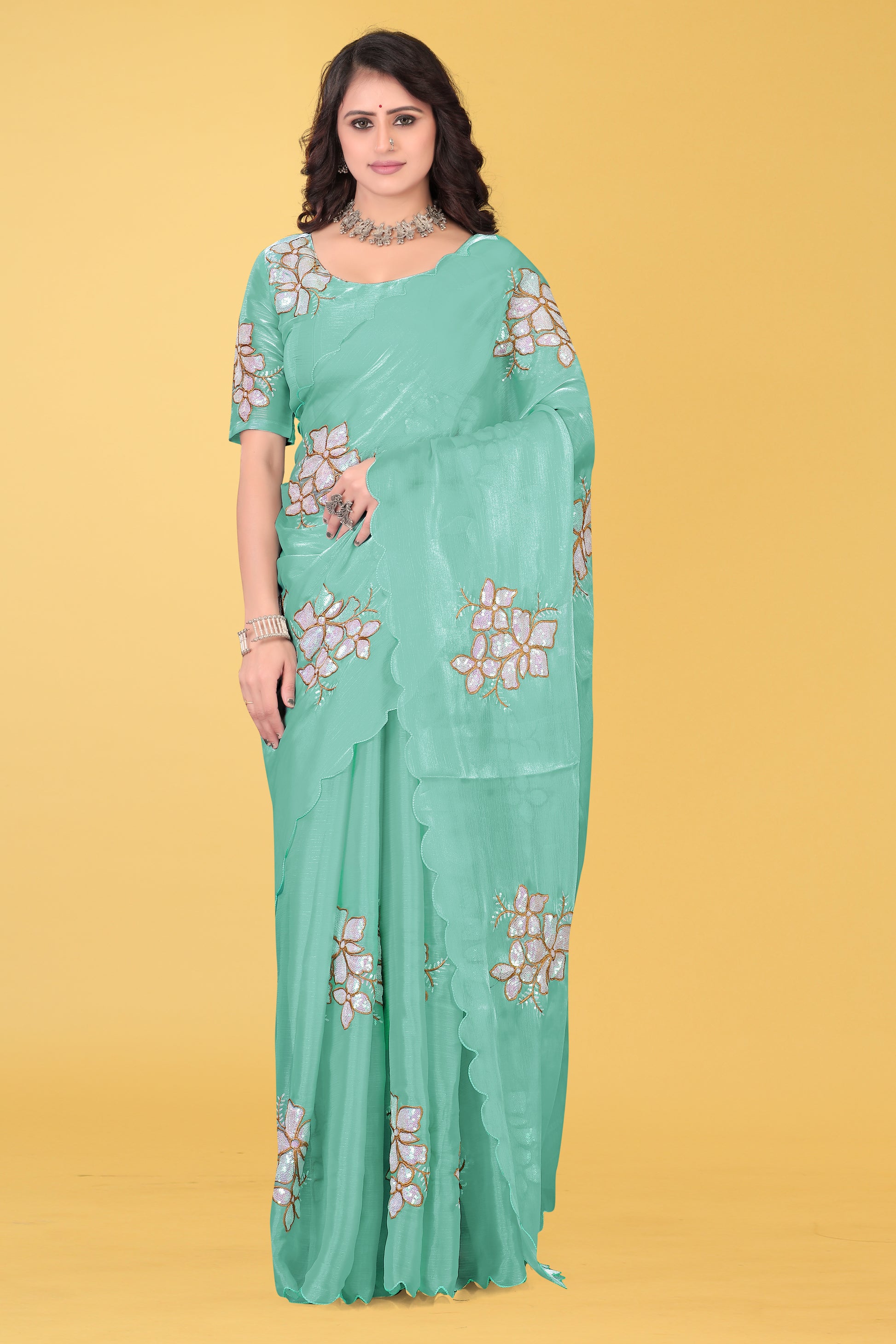 Elegant Flower Embroidered Saree with Unstitched Blouse – Avirat Designer Studio