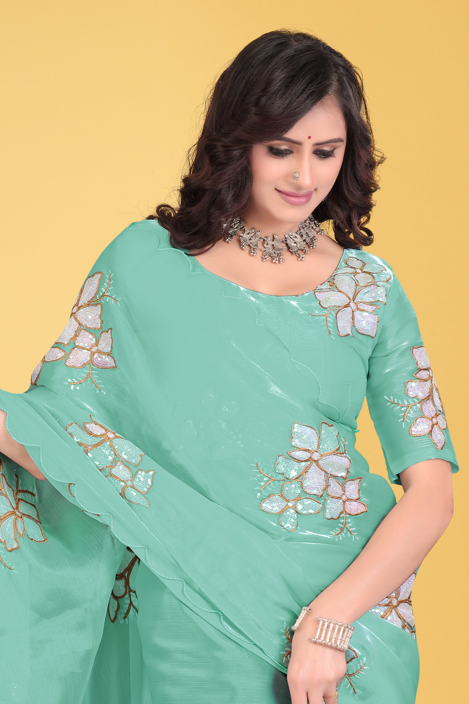 Elegant Flower Embroidered Saree with Unstitched Blouse – Avirat Designer Studio