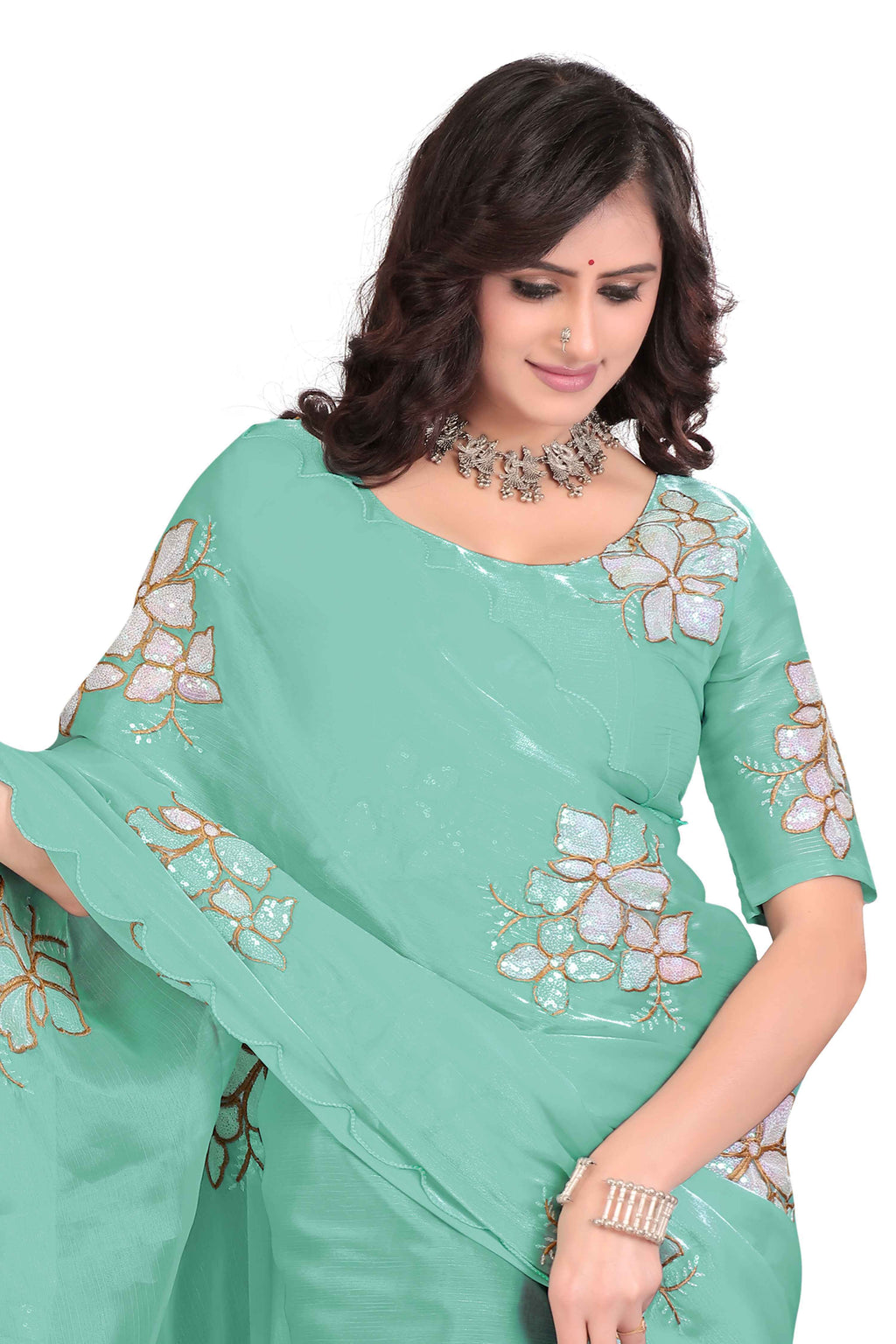 Georgette Saree with Floral Embroidery and Scalloped Border - Light Blue