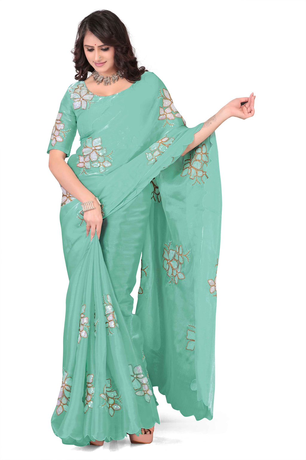 Georgette Saree with Floral Embroidery and Scalloped Border - Light Blue