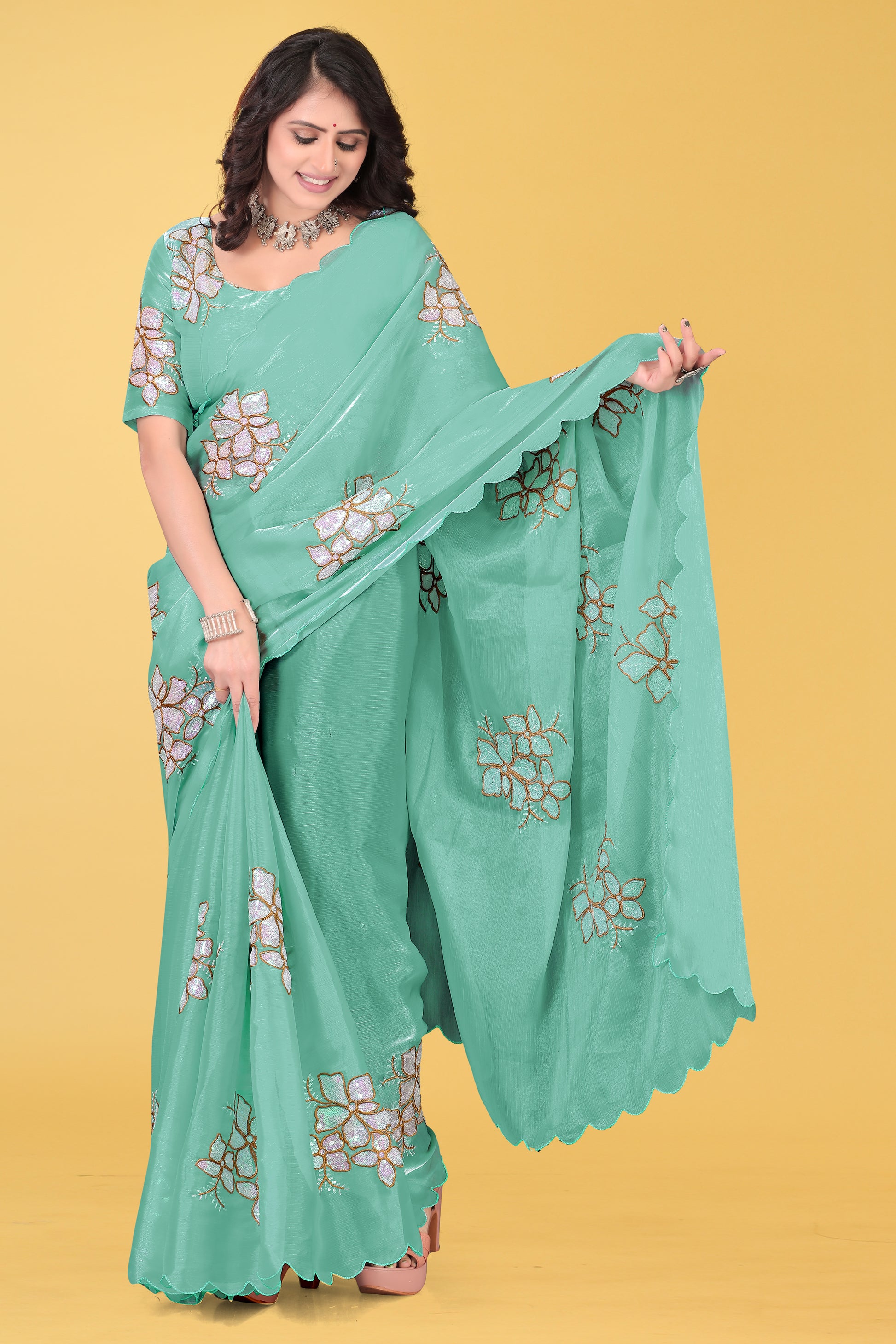 Elegant Flower Embroidered Saree with Unstitched Blouse – Avirat Designer Studio