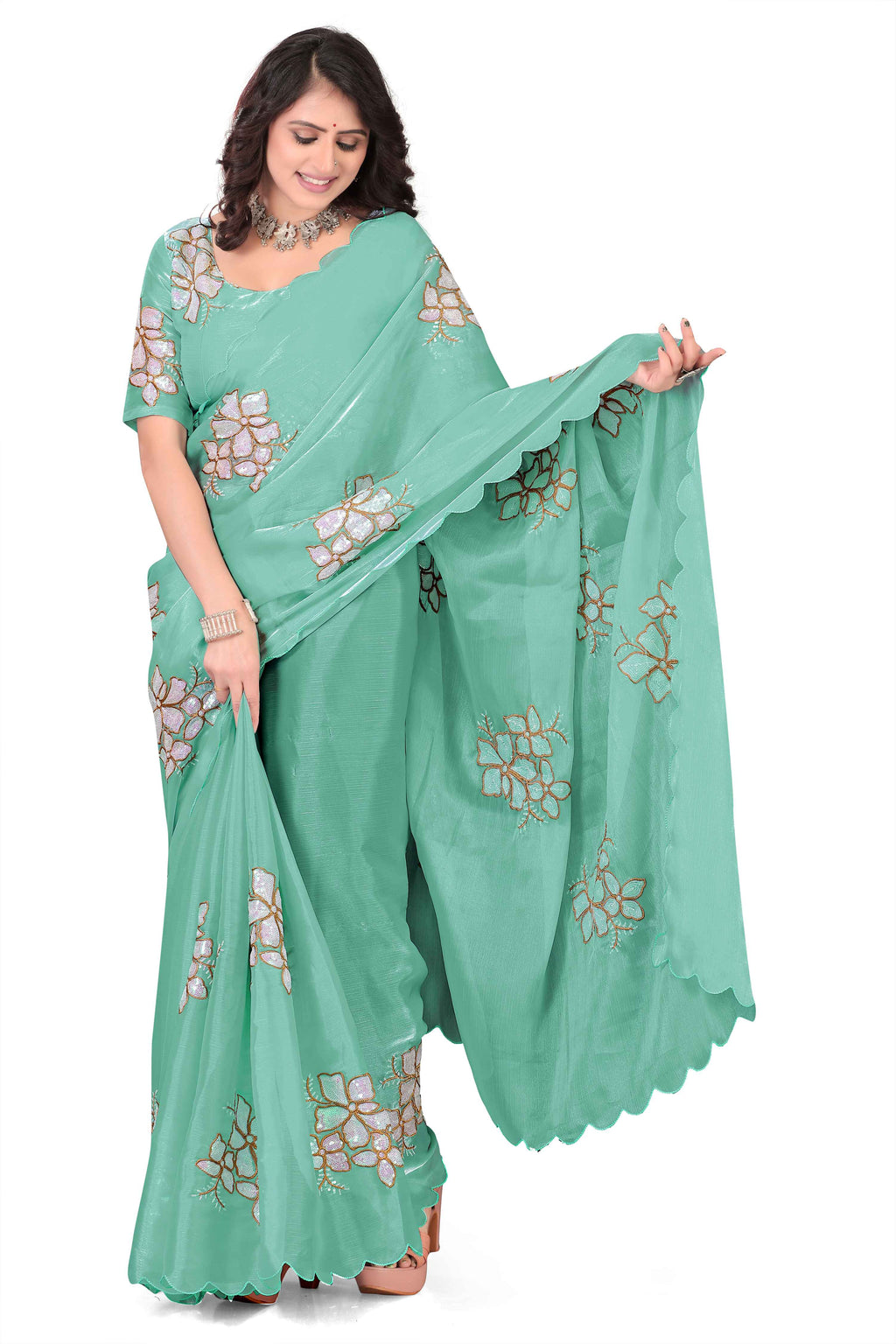 Georgette Saree with Floral Embroidery and Scalloped Border - Light Blue