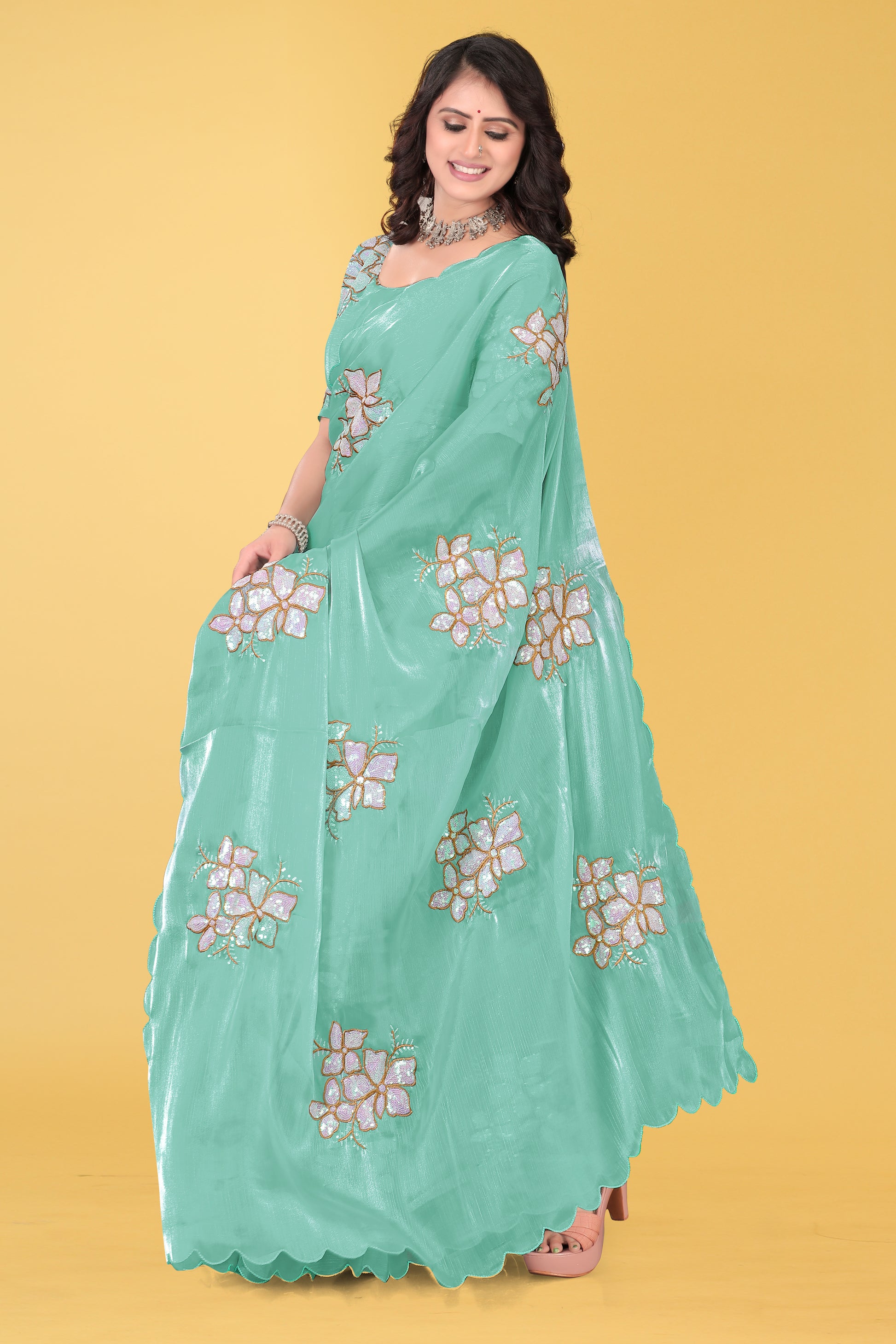 Elegant Flower Embroidered Saree with Unstitched Blouse – Avirat Designer Studio
