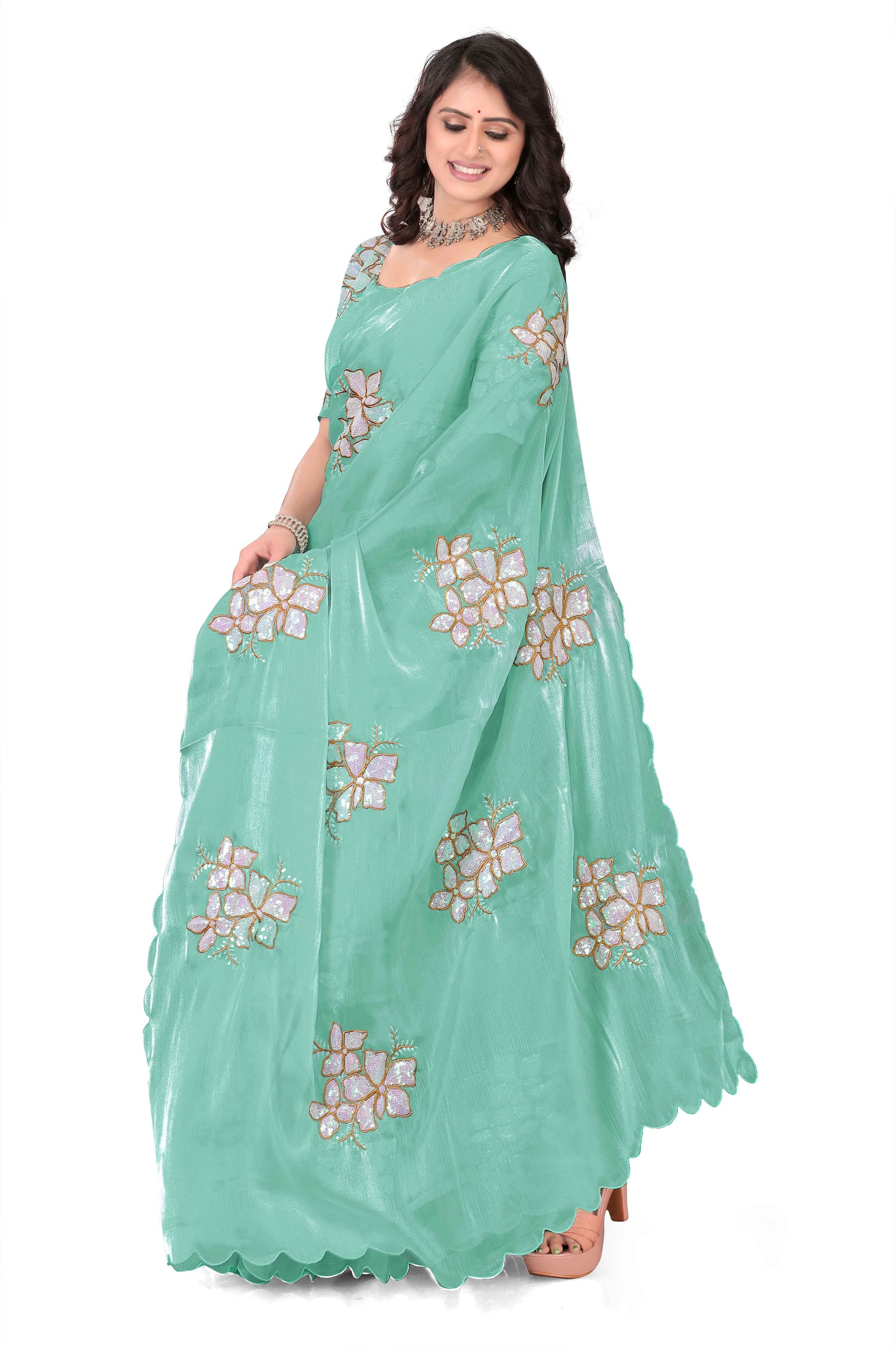 Georgette Saree with Floral Embroidery and Scalloped Border - Light Blue