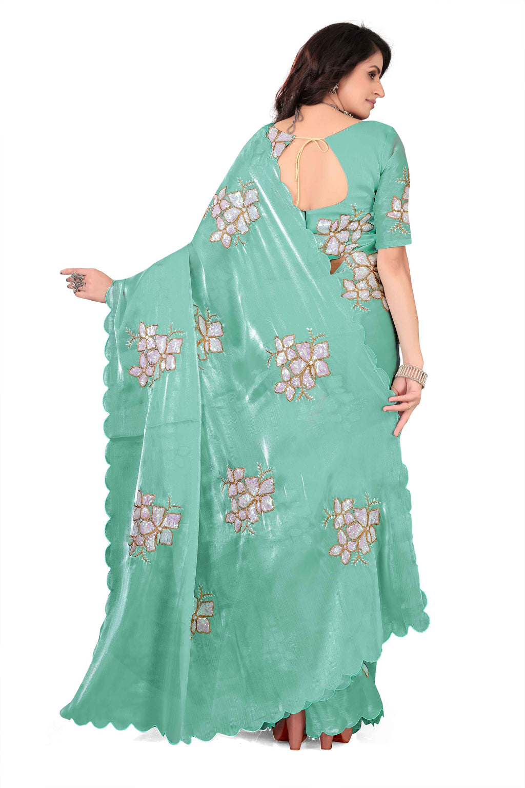 Georgette Saree with Floral Embroidery and Scalloped Border - Light Blue