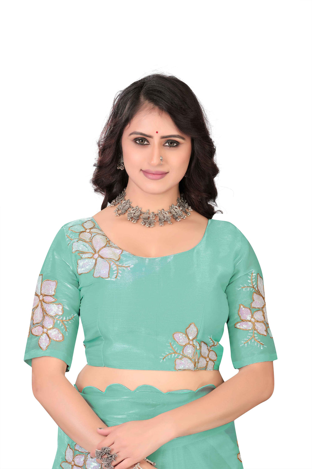 Georgette Saree with Floral Embroidery and Scalloped Border - Light Blue