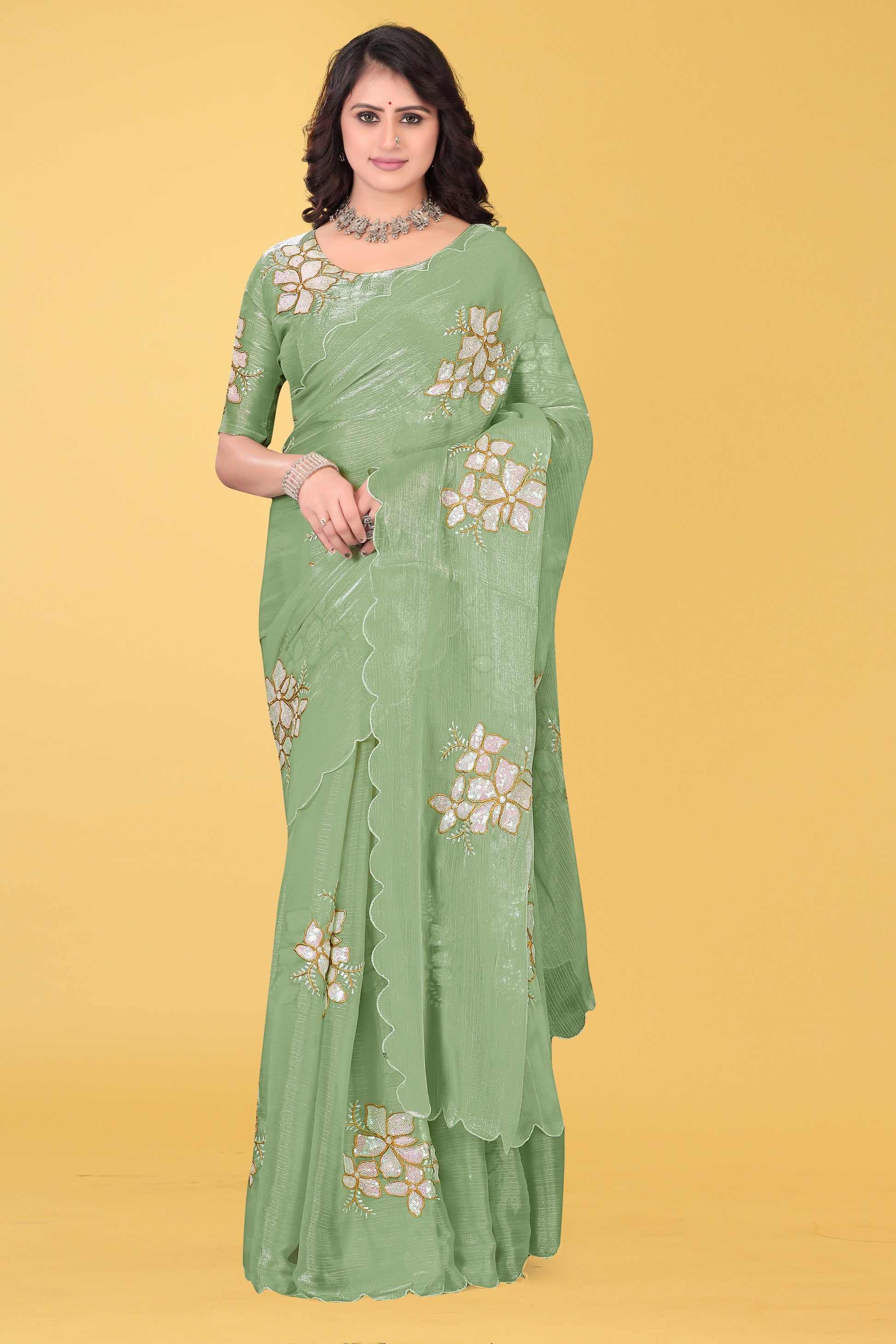 Elegant Flower Embroidered Saree with Unstitched Blouse – Avirat Designer Studio