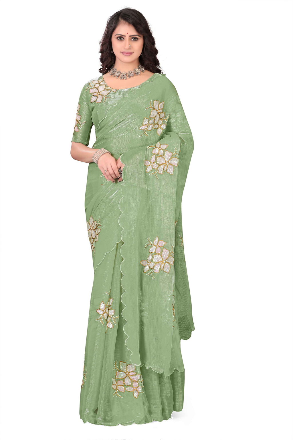 Georgette Saree with Floral Embroidery and Scalloped Border - Light Green