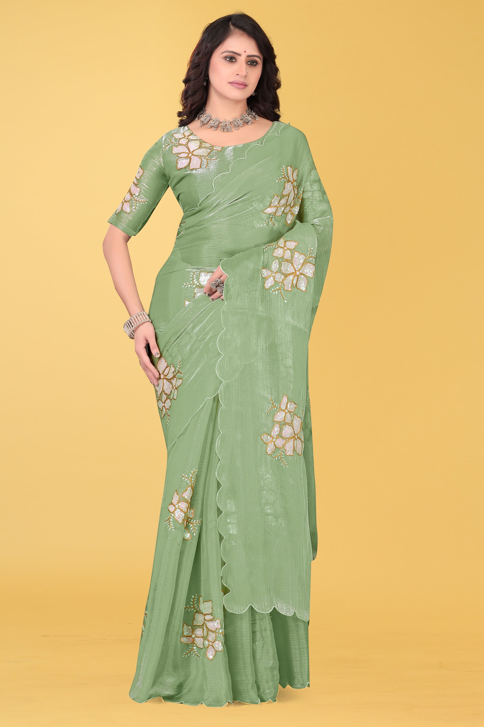 Elegant Flower Embroidered Saree with Unstitched Blouse – Avirat Designer Studio
