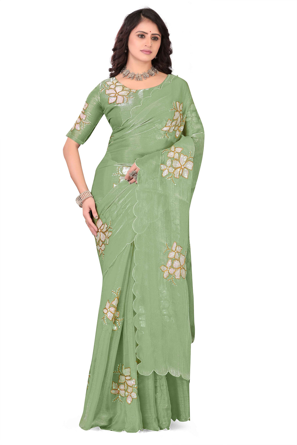 Georgette Saree with Floral Embroidery and Scalloped Border - Light Green