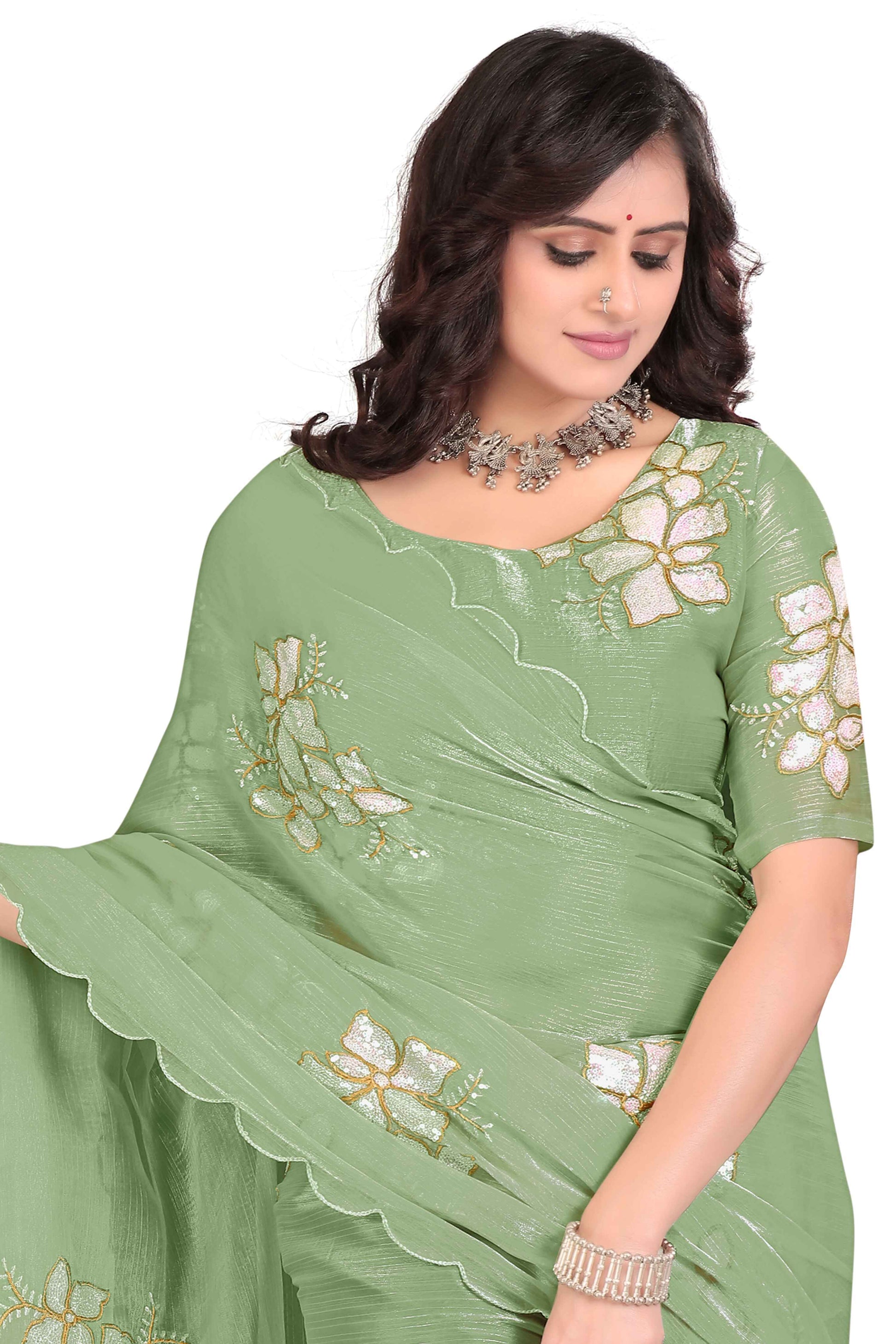 Georgette Saree with Floral Embroidery and Scalloped Border - Light Green