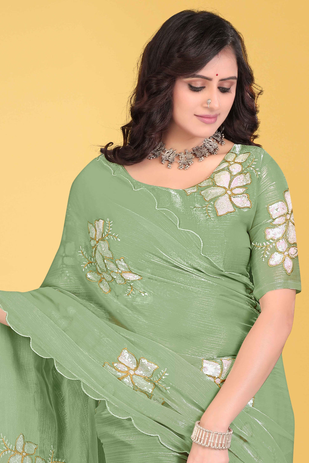 G-Georgette Saree with Floral Embroidery and Scalloped Border