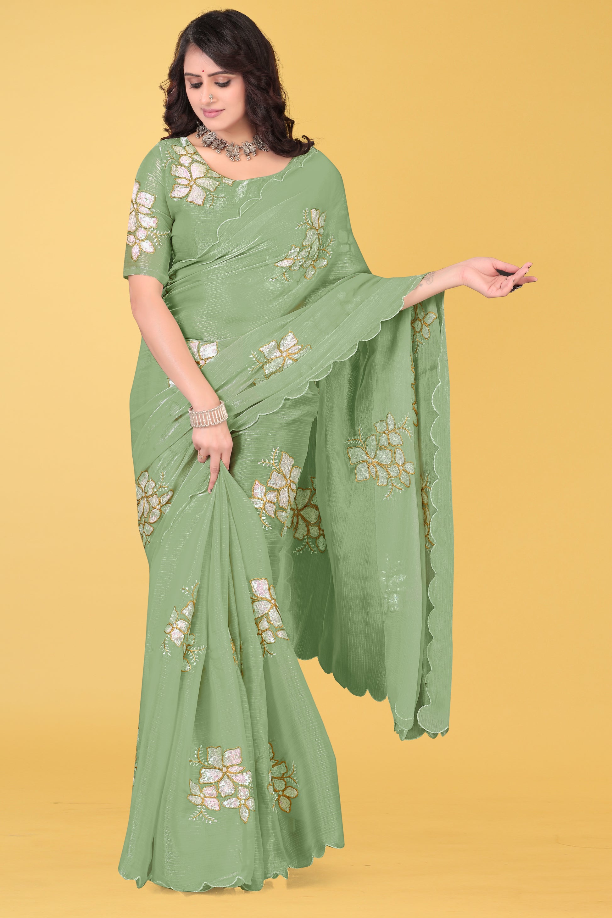 Elegant Flower Embroidered Saree with Unstitched Blouse – Avirat Designer Studio