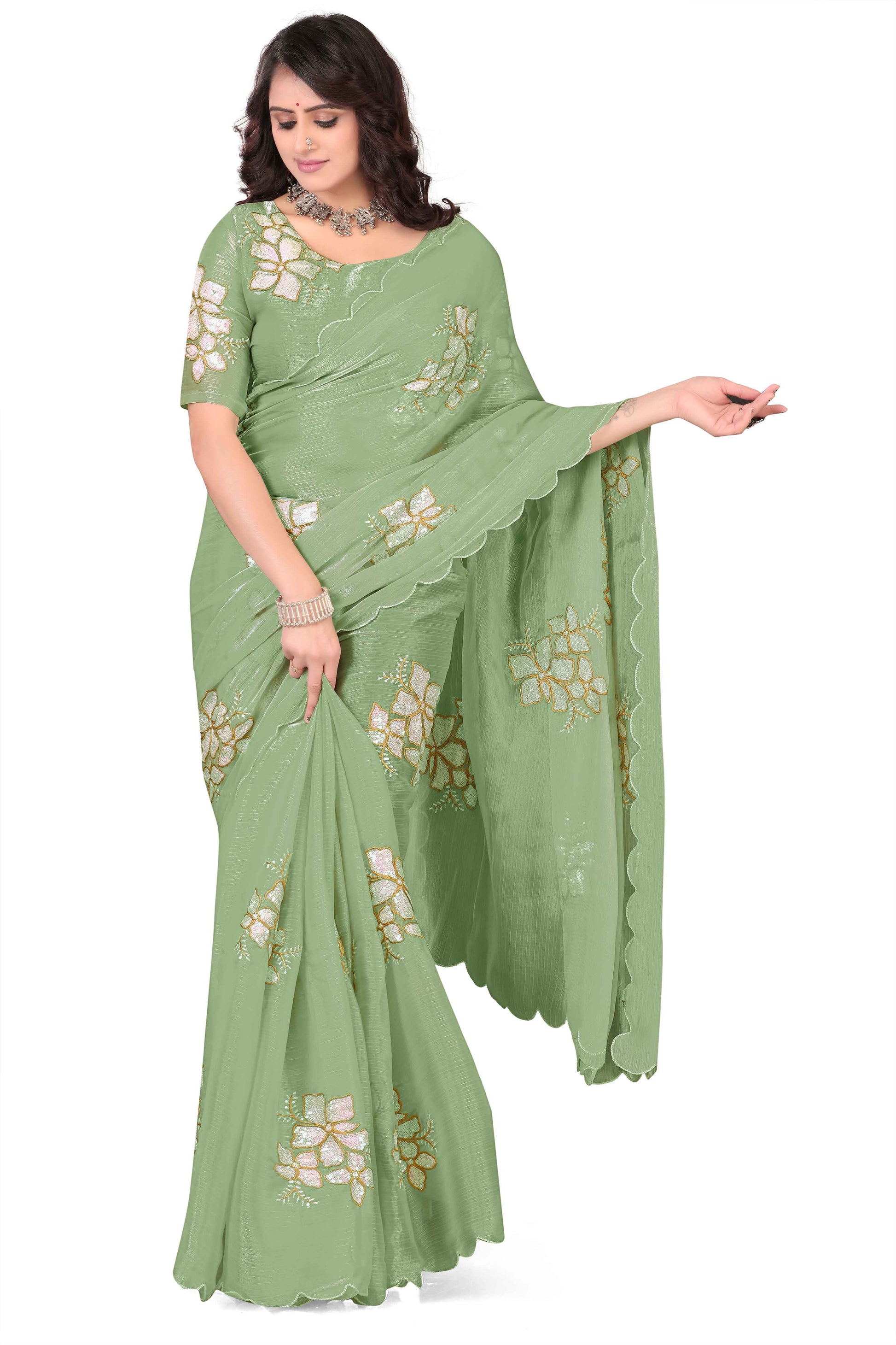 Georgette Saree with Floral Embroidery and Scalloped Border - Light Green