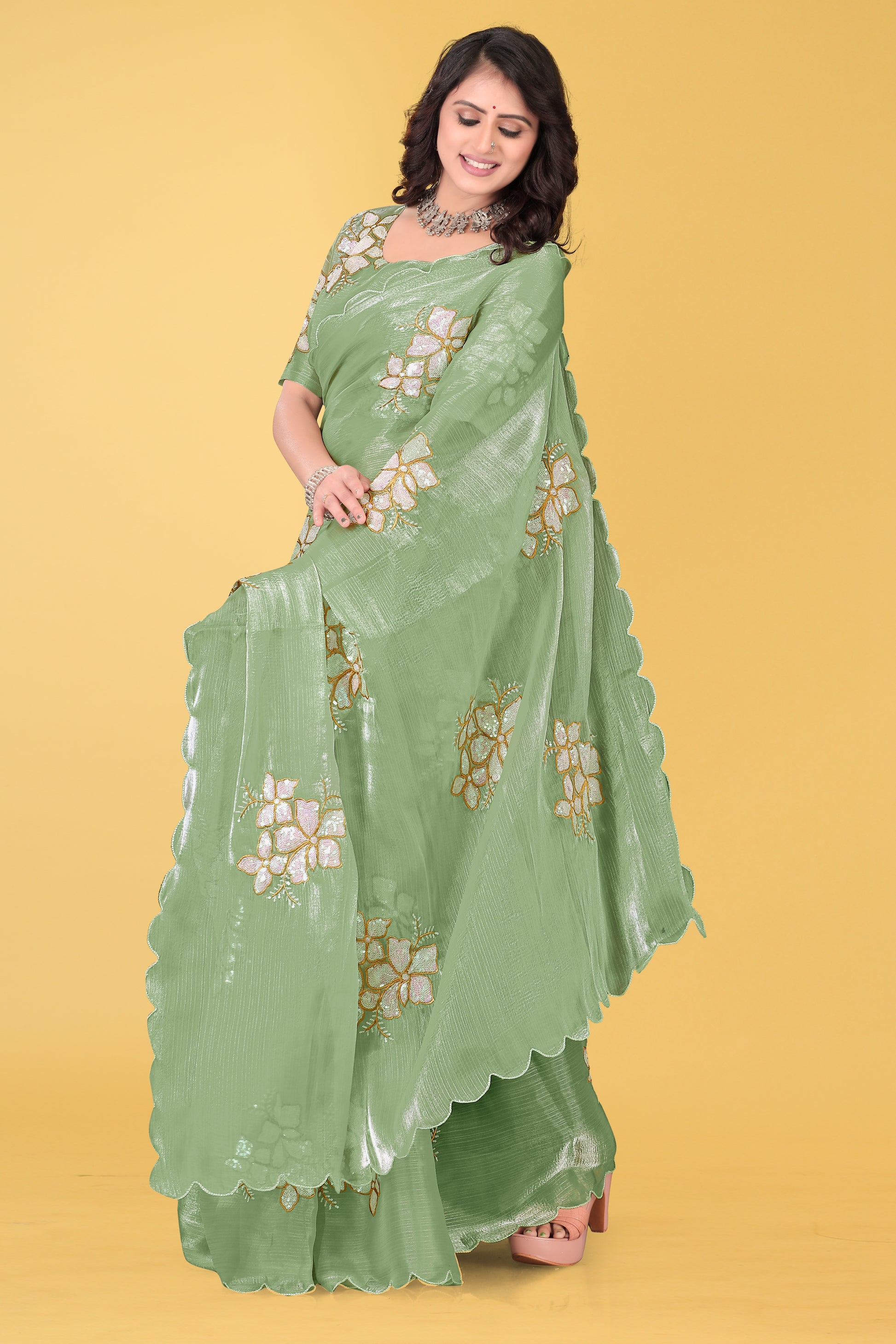 Elegant Flower Embroidered Saree with Unstitched Blouse – Avirat Designer Studio