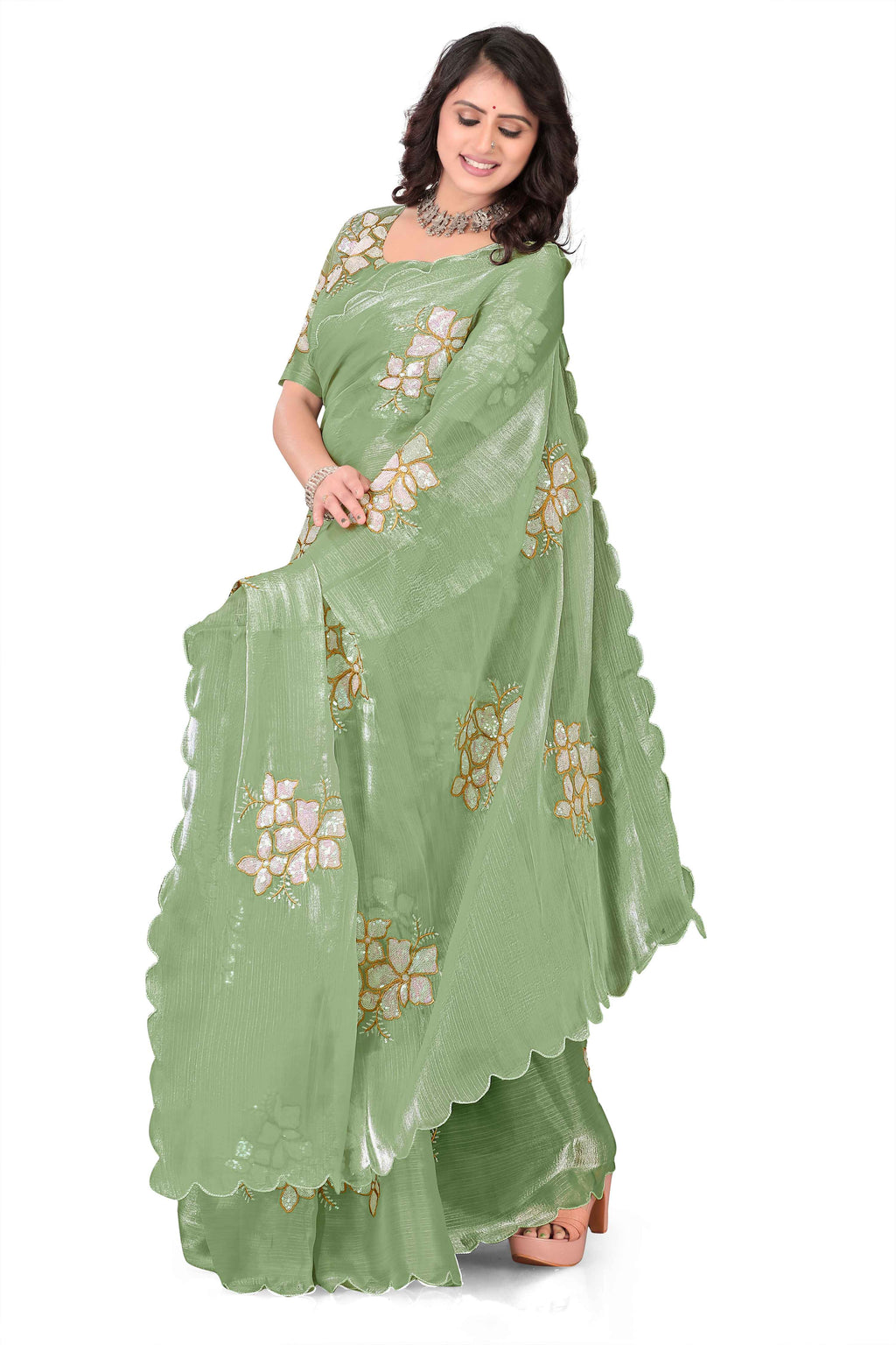 Georgette Saree with Floral Embroidery and Scalloped Border - Light Green