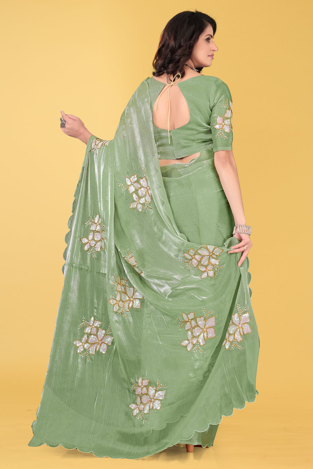 Elegant Flower Embroidered Saree with Unstitched Blouse – Avirat Designer Studio