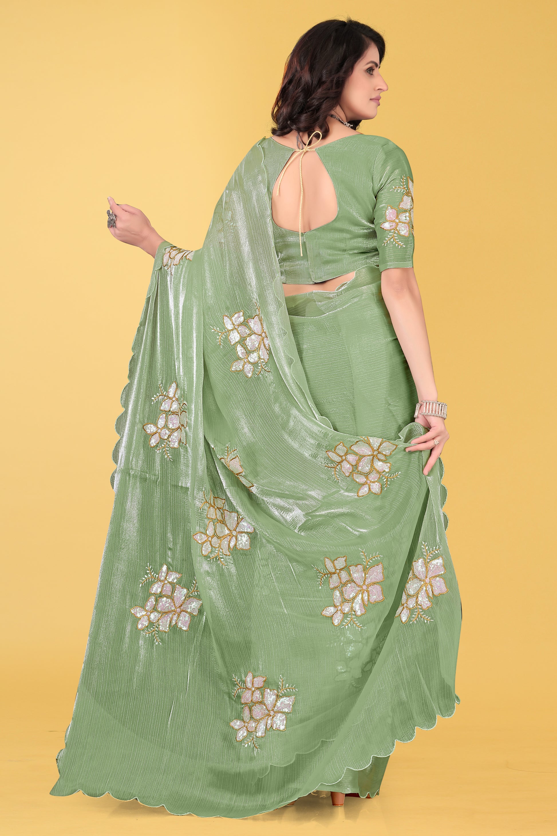 Elegant Flower Embroidered Saree with Unstitched Blouse – Avirat Designer Studio