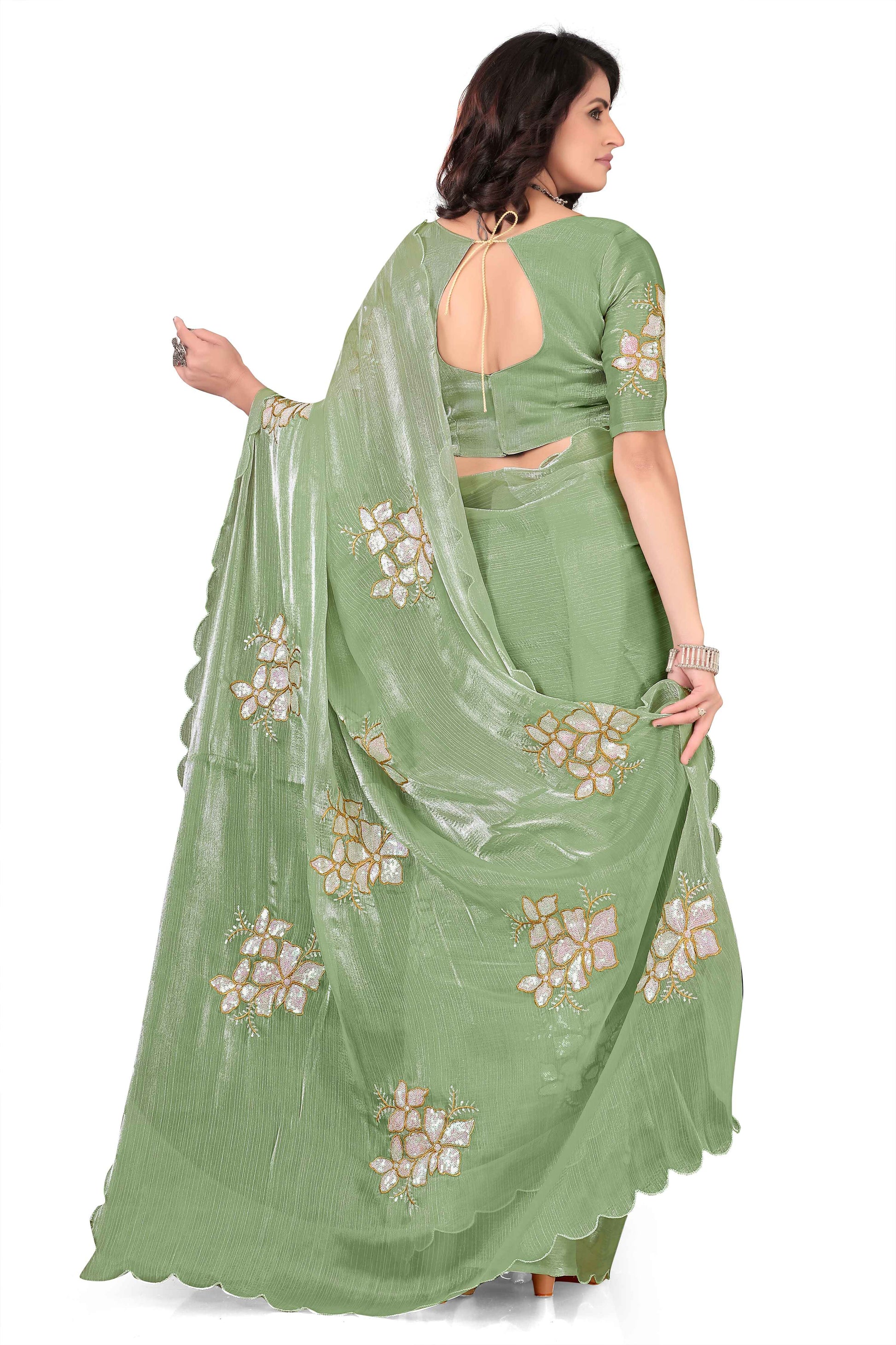 Georgette Saree with Floral Embroidery and Scalloped Border - Light Green