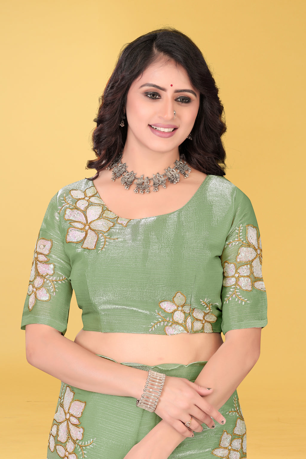 Elegant Flower Embroidered Saree with Unstitched Blouse – Avirat Designer Studio