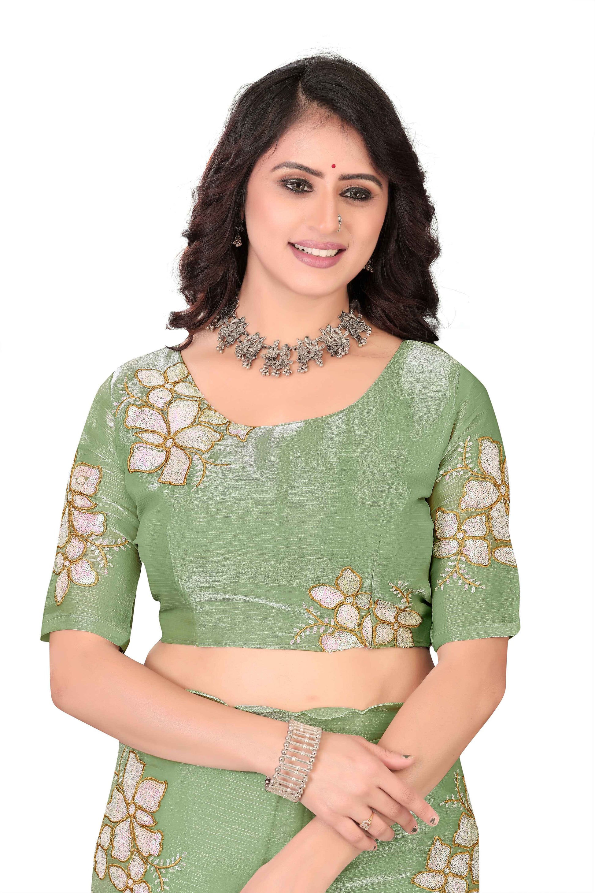 Georgette Saree with Floral Embroidery and Scalloped Border - Light Green