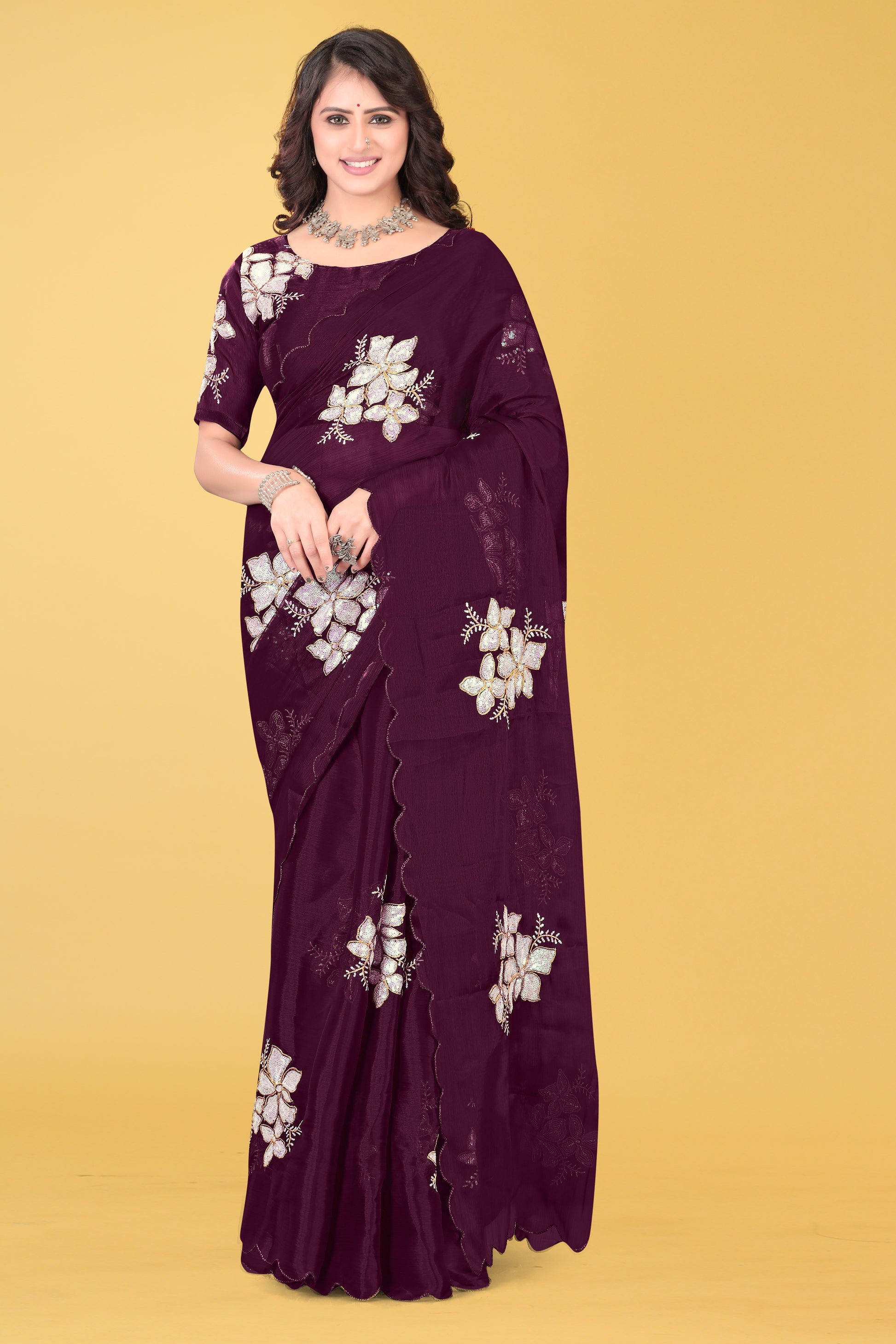 Elegant Flower Embroidered Saree with Unstitched Blouse – Avirat Designer Studio