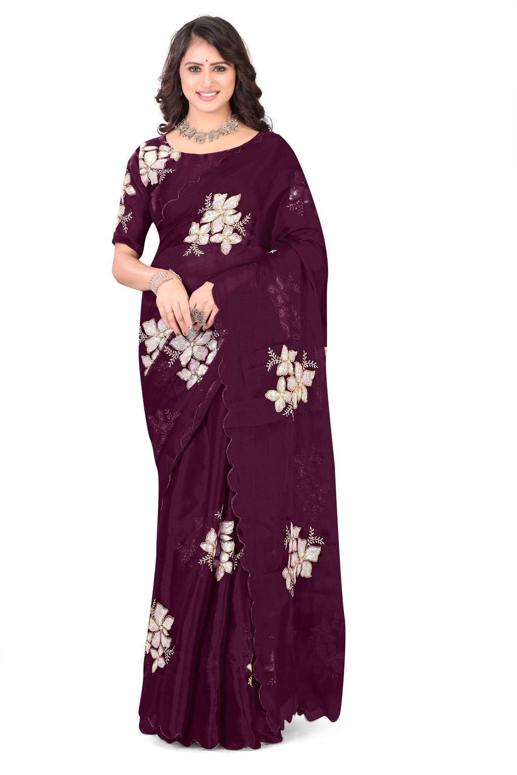 Georgette Saree with Floral Embroidery and Scalloped Border - Maroon