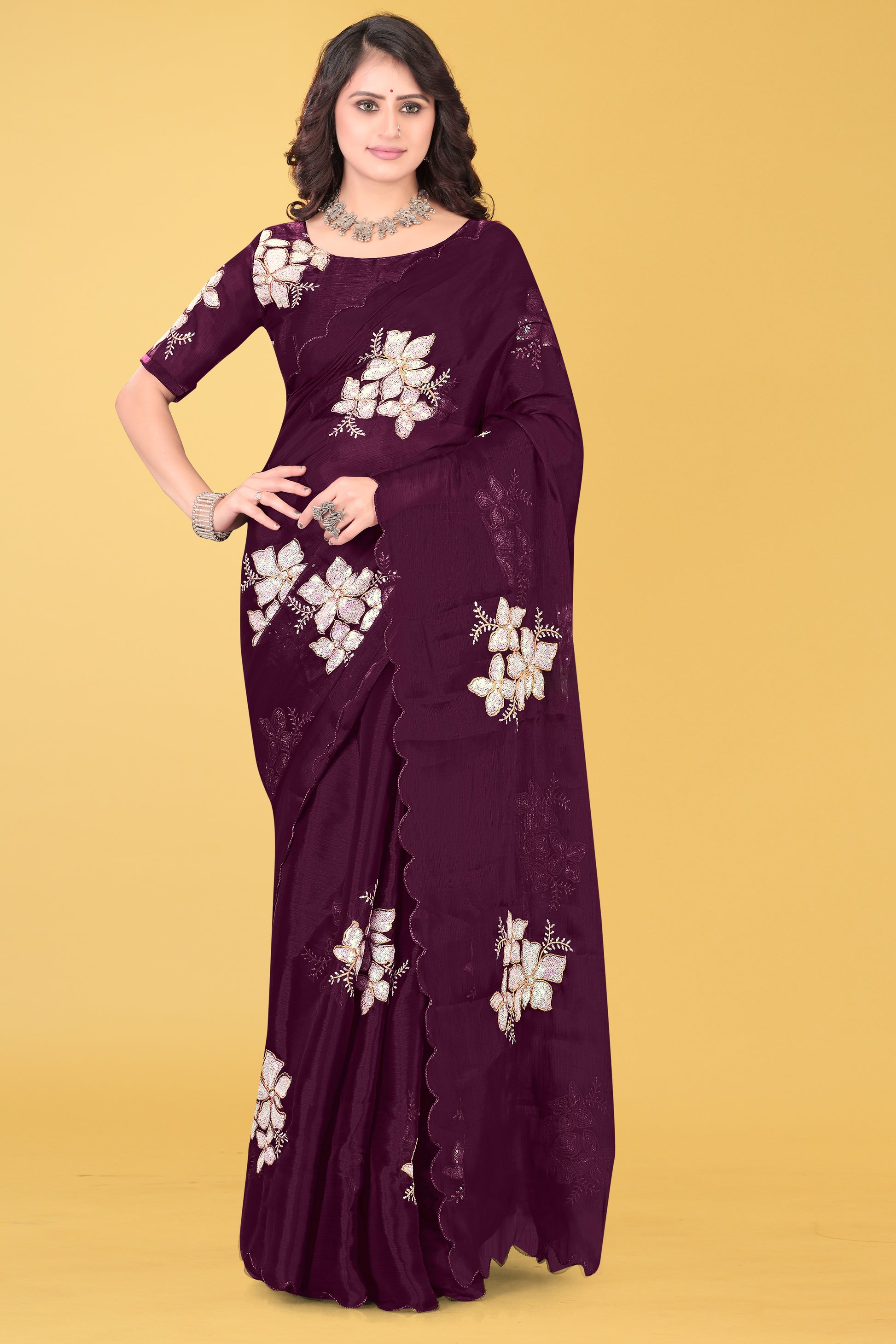 Elegant Flower Embroidered Saree with Unstitched Blouse – Avirat Designer Studio