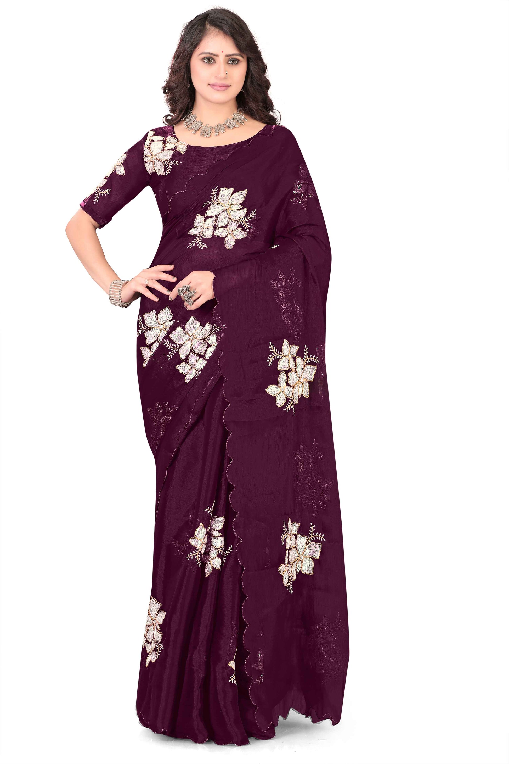 Georgette Saree with Floral Embroidery and Scalloped Border - Maroon