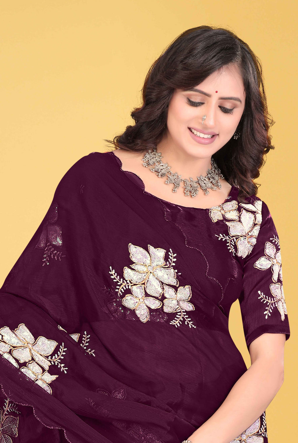 G-Georgette Saree with Floral Embroidery and Scalloped Border