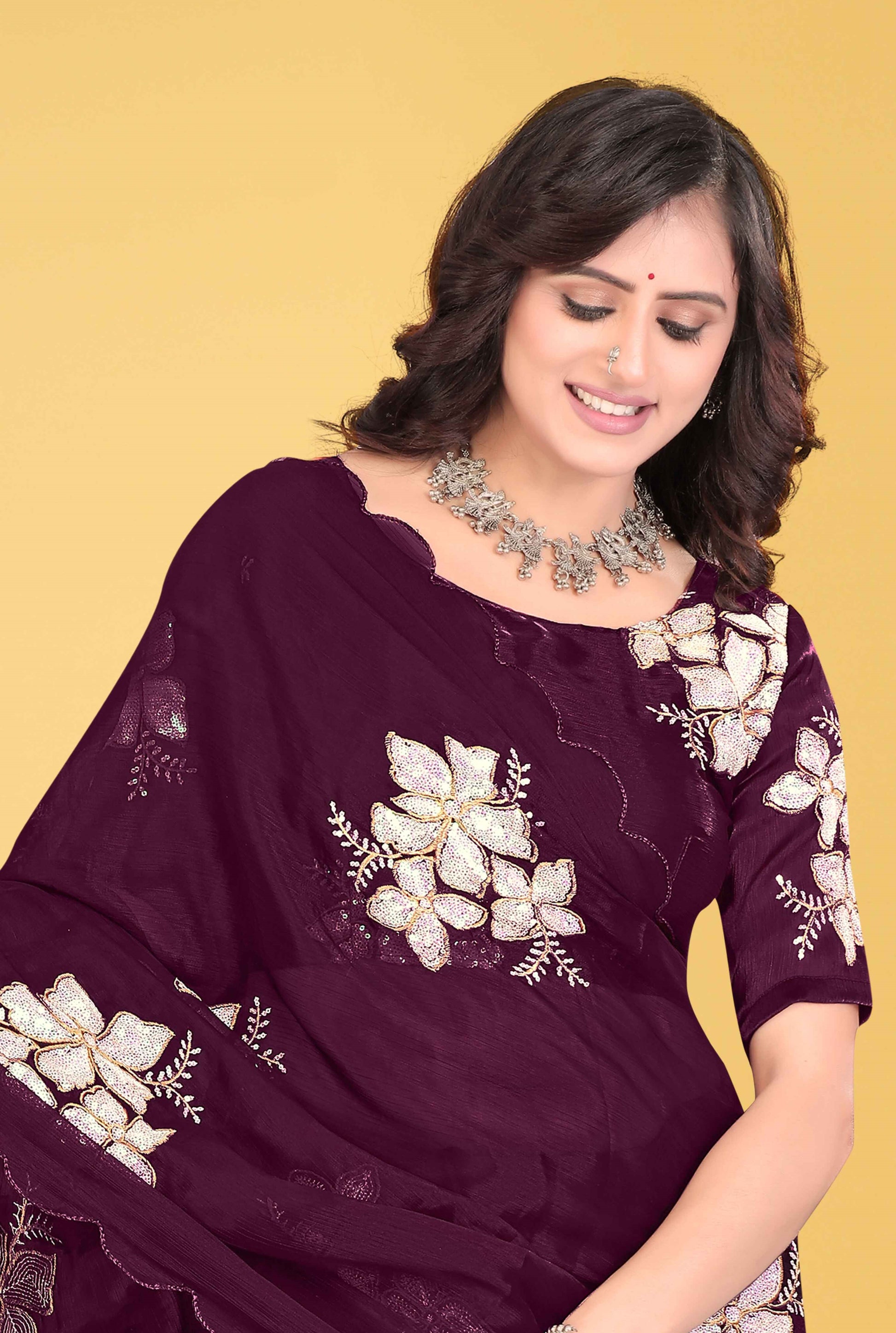 G-Georgette Saree with Floral Embroidery and Scalloped Border