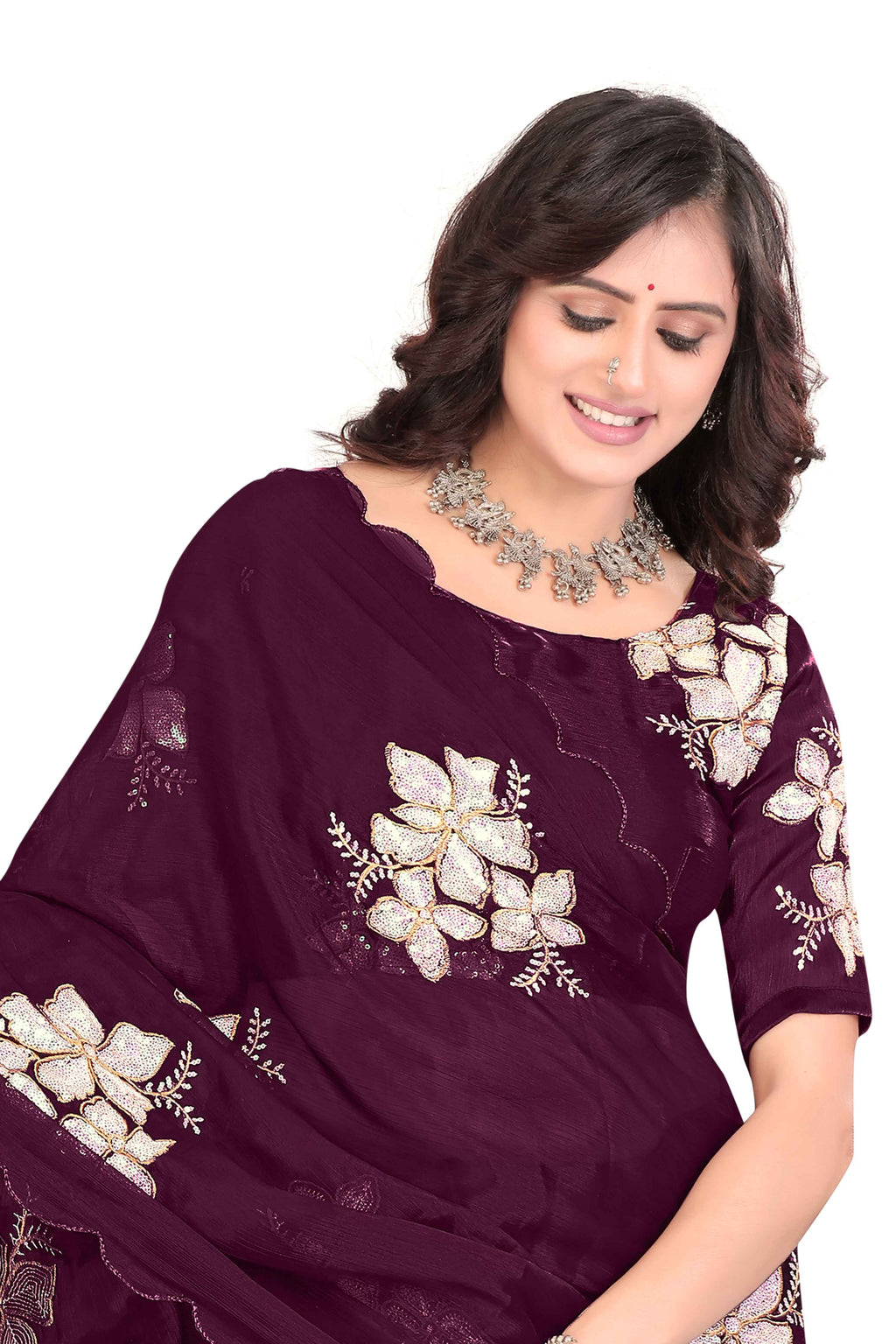 Georgette Saree with Floral Embroidery and Scalloped Border - Maroon