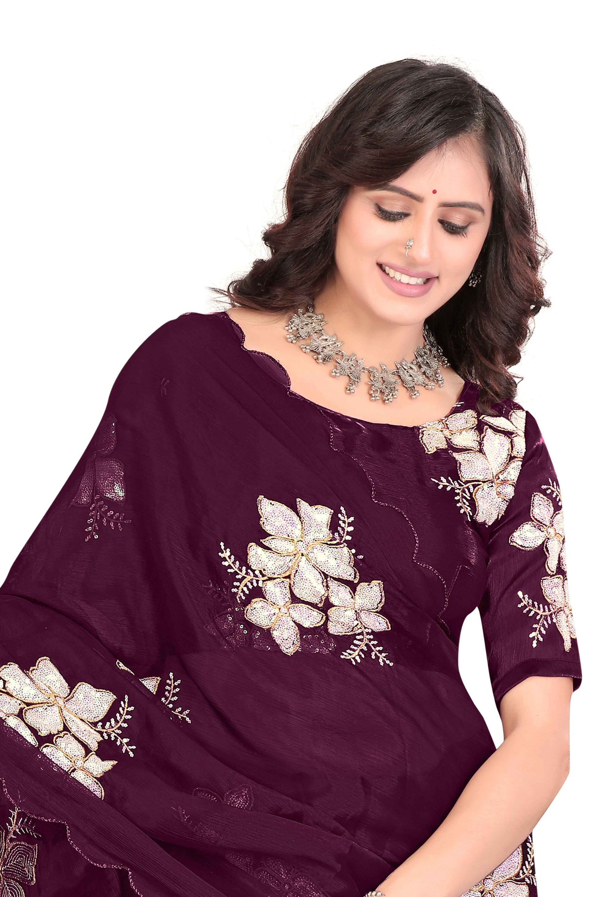 Georgette Saree with Floral Embroidery and Scalloped Border - Maroon