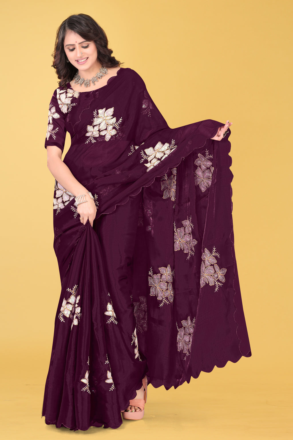 Elegant Flower Embroidered Saree with Unstitched Blouse – Avirat Designer Studio