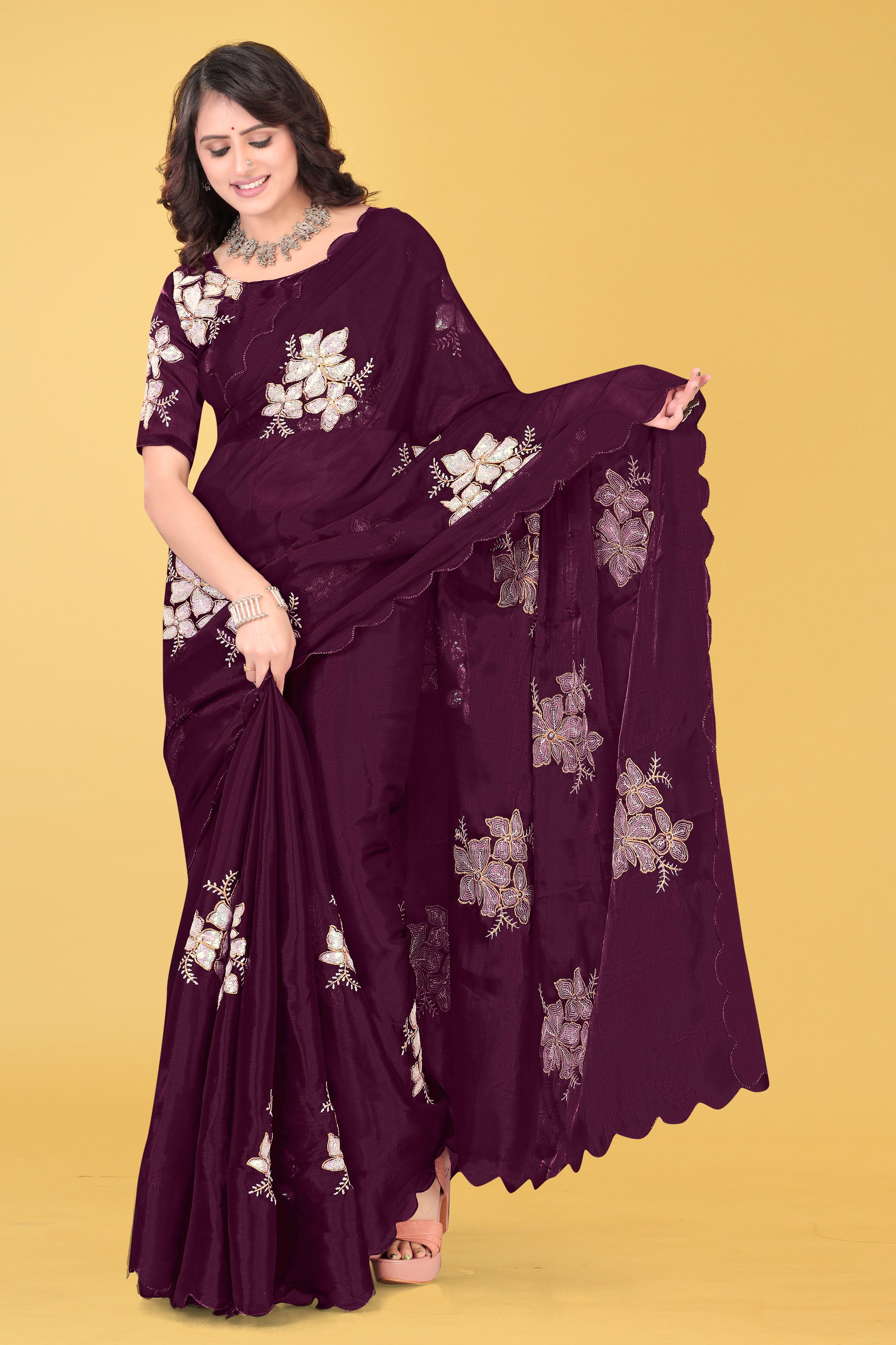 Elegant Flower Embroidered Saree with Unstitched Blouse – Avirat Designer Studio
