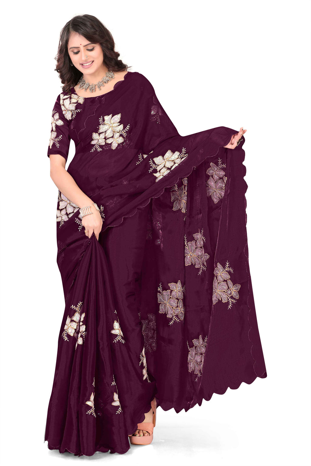 Georgette Saree with Floral Embroidery and Scalloped Border - Maroon