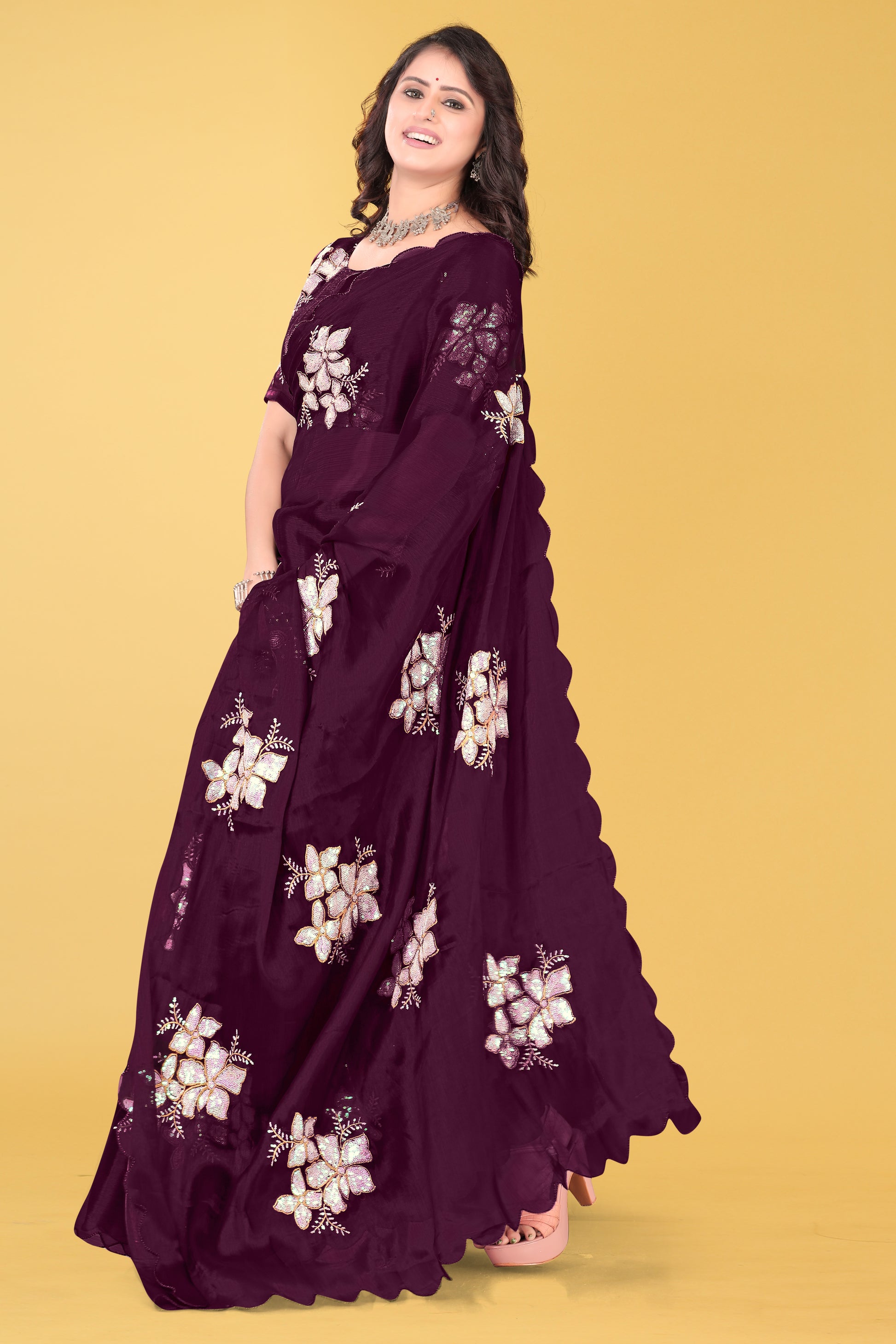 Elegant Flower Embroidered Saree with Unstitched Blouse – Avirat Designer Studio