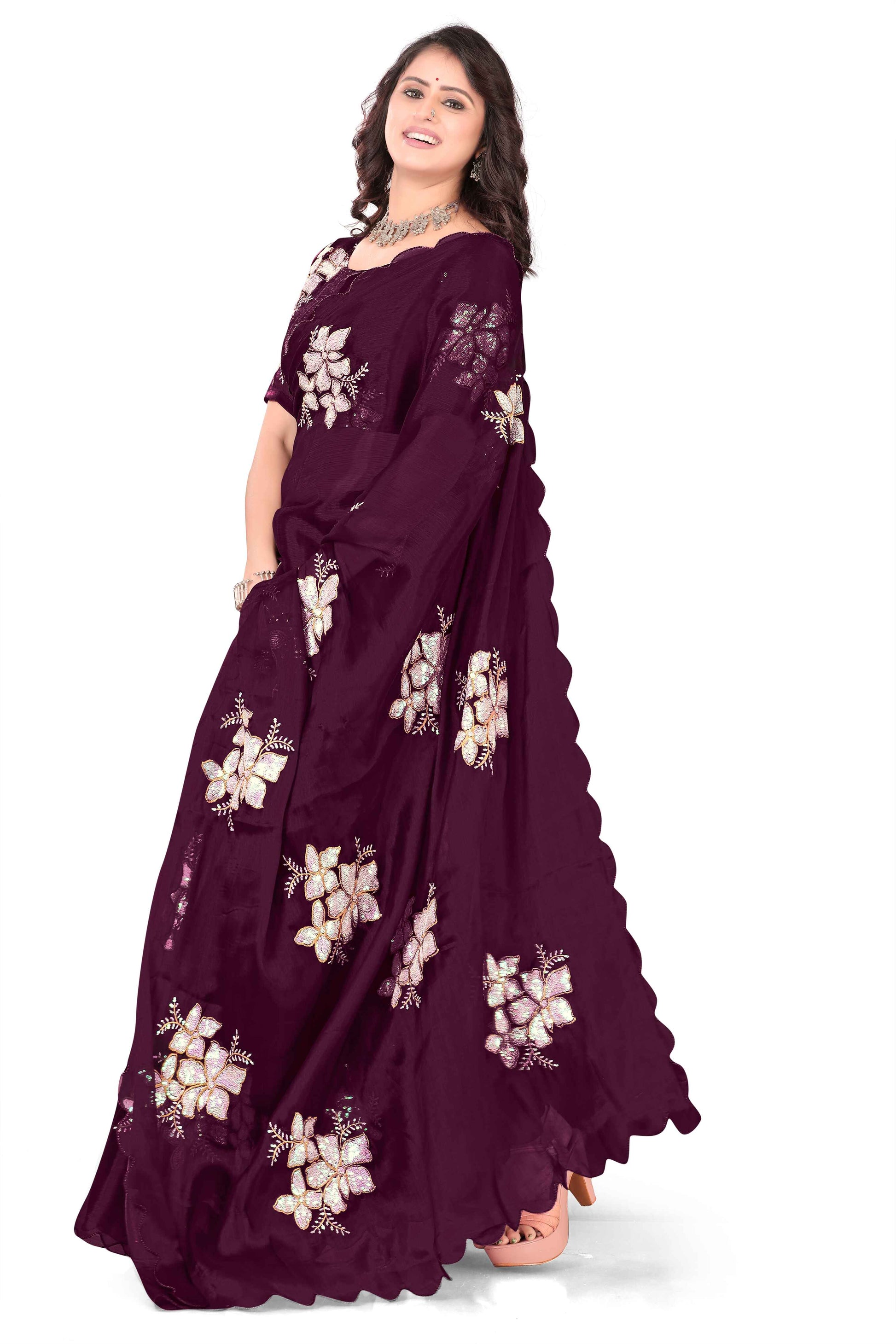 Georgette Saree with Floral Embroidery and Scalloped Border - Maroon