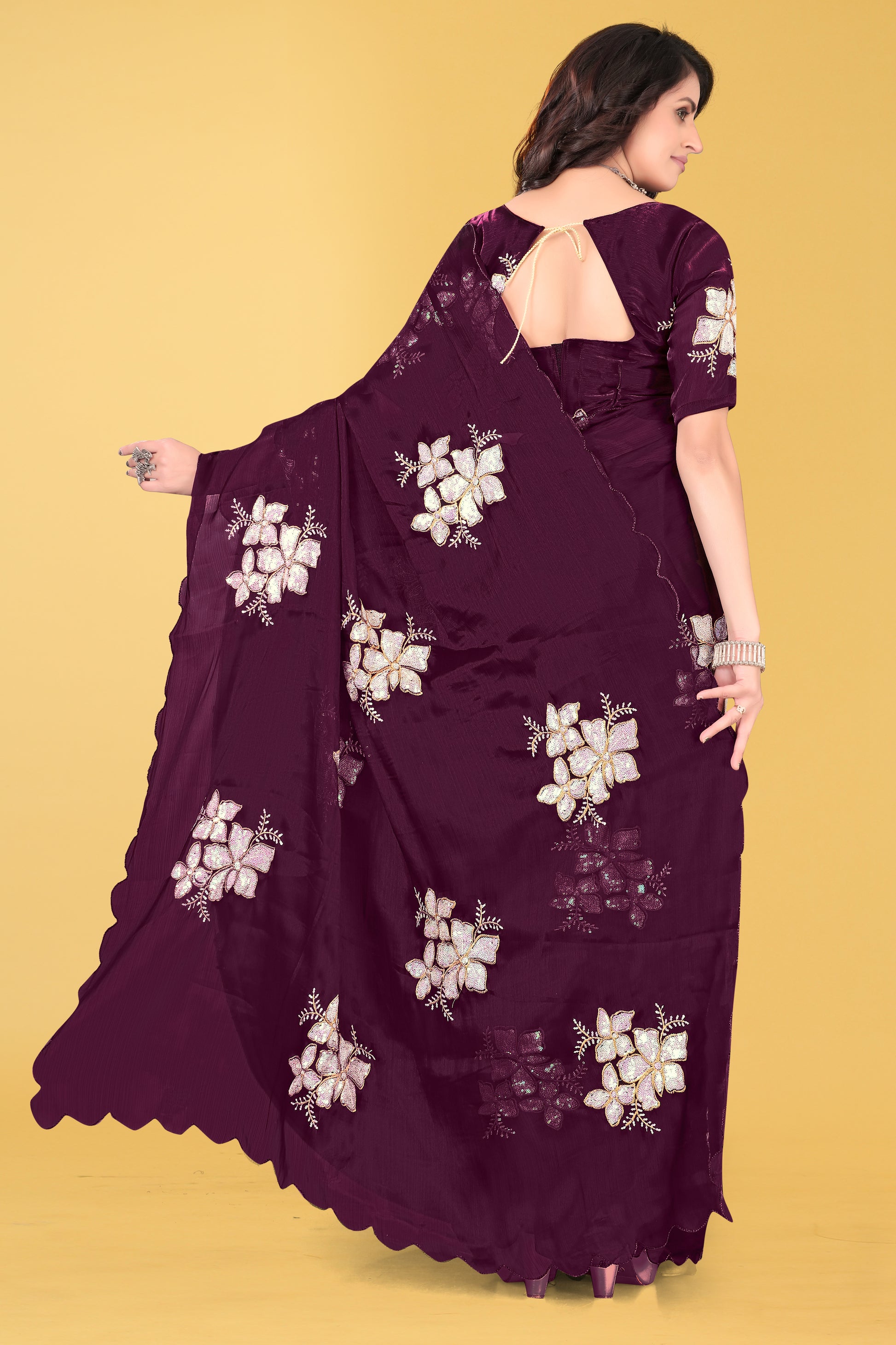 Elegant Flower Embroidered Saree with Unstitched Blouse – Avirat Designer Studio