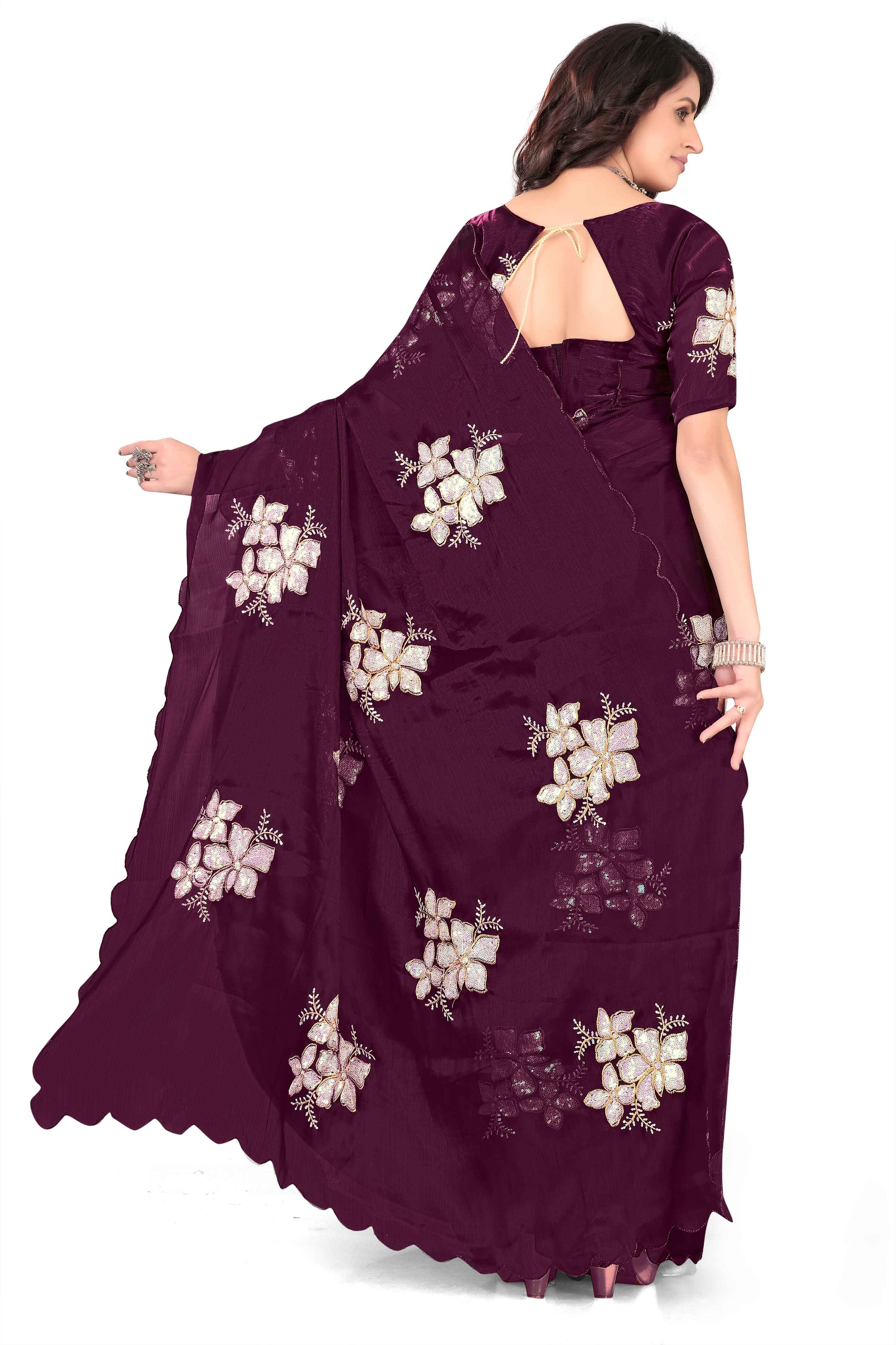 Georgette Saree with Floral Embroidery and Scalloped Border - Maroon