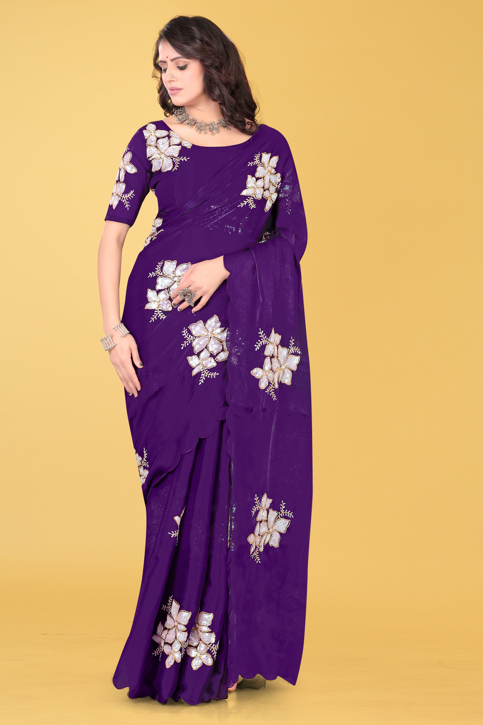 Elegant Flower Embroidered Saree with Unstitched Blouse – Avirat Designer Studio